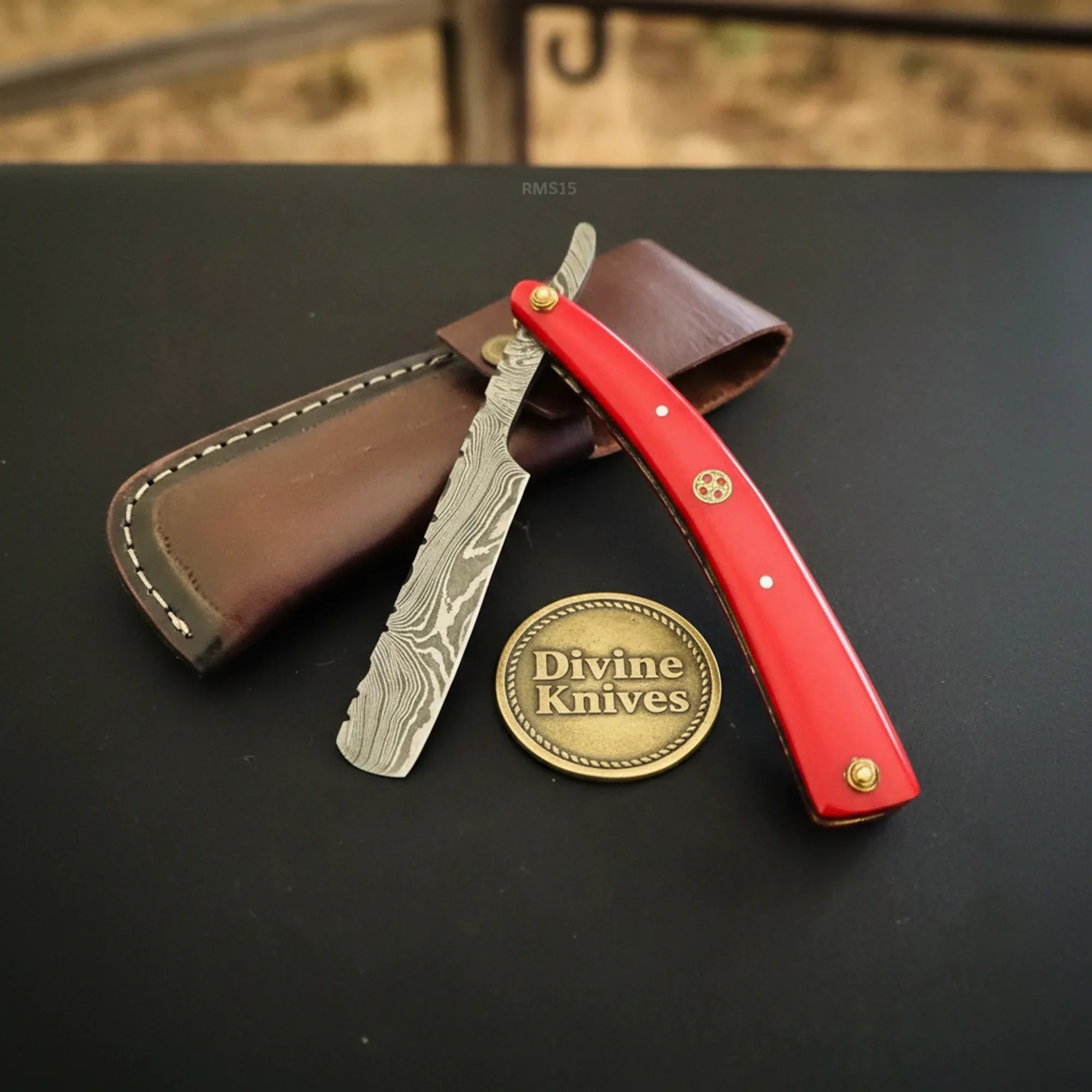 Red Pakkawood Damascus Straight Razor – Handcrafted Cut-Throat Razor with Brass Pin by Divine Knives