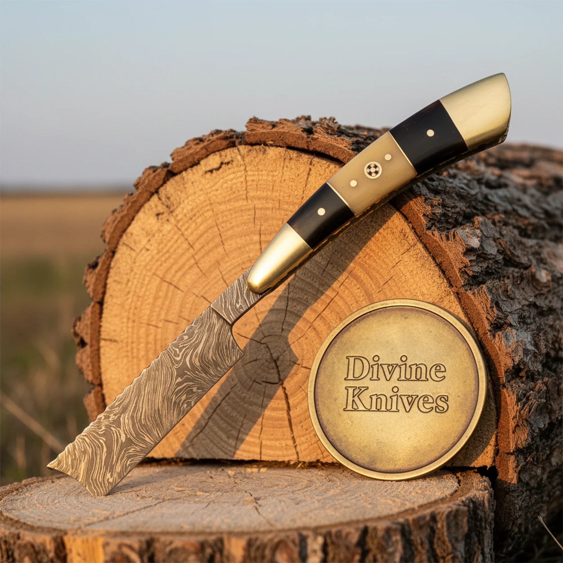 Camel Bone Damascus Straight Razor with Brass Bolster – Handcrafted Heirloom Cut-Throat Razor by Divine Knives