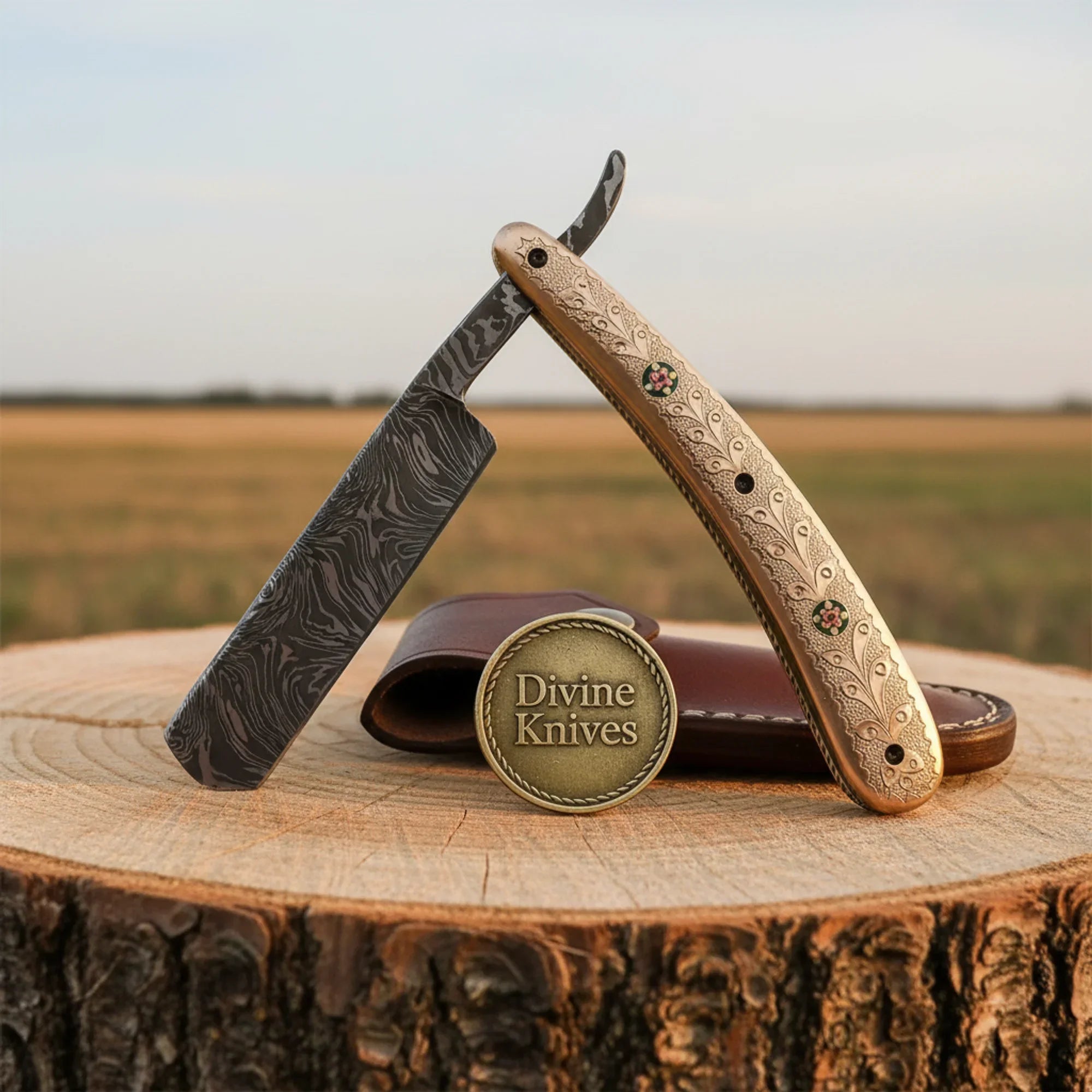 Engraved Brass Damascus Straight Razor – Handcrafted Ornate Cut-Throat Razor with Floral Handle by Divine Knives