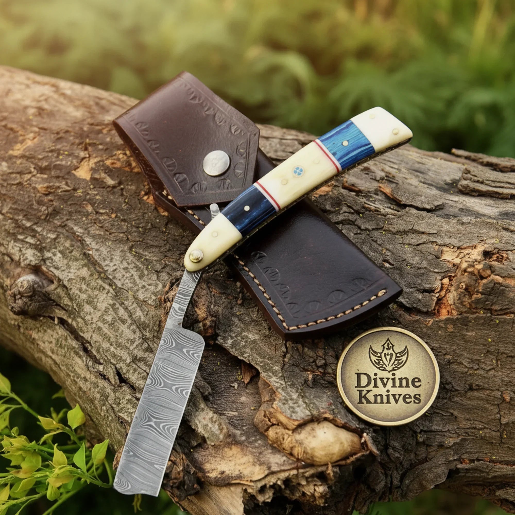 Blue Pakkawood & Camel Bone Straight Razor – Handcrafted Cut-Throat Razor with 4-Inch Blade by Divine Knives