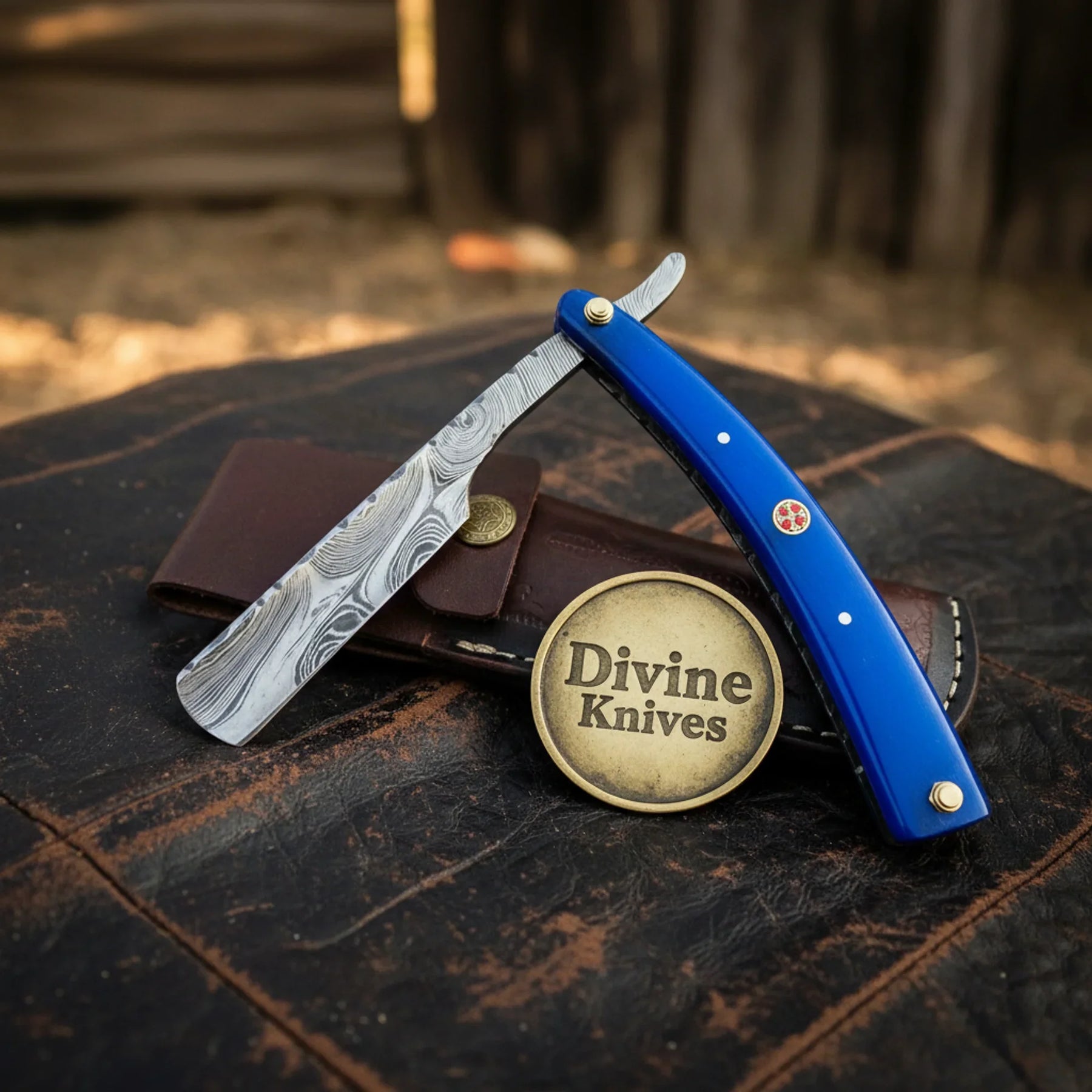 Blue Pakkawood Damascus Straight Razor with Long Blade – Handcrafted Cut-Throat Razor (4–5 Inch) by Divine Knives