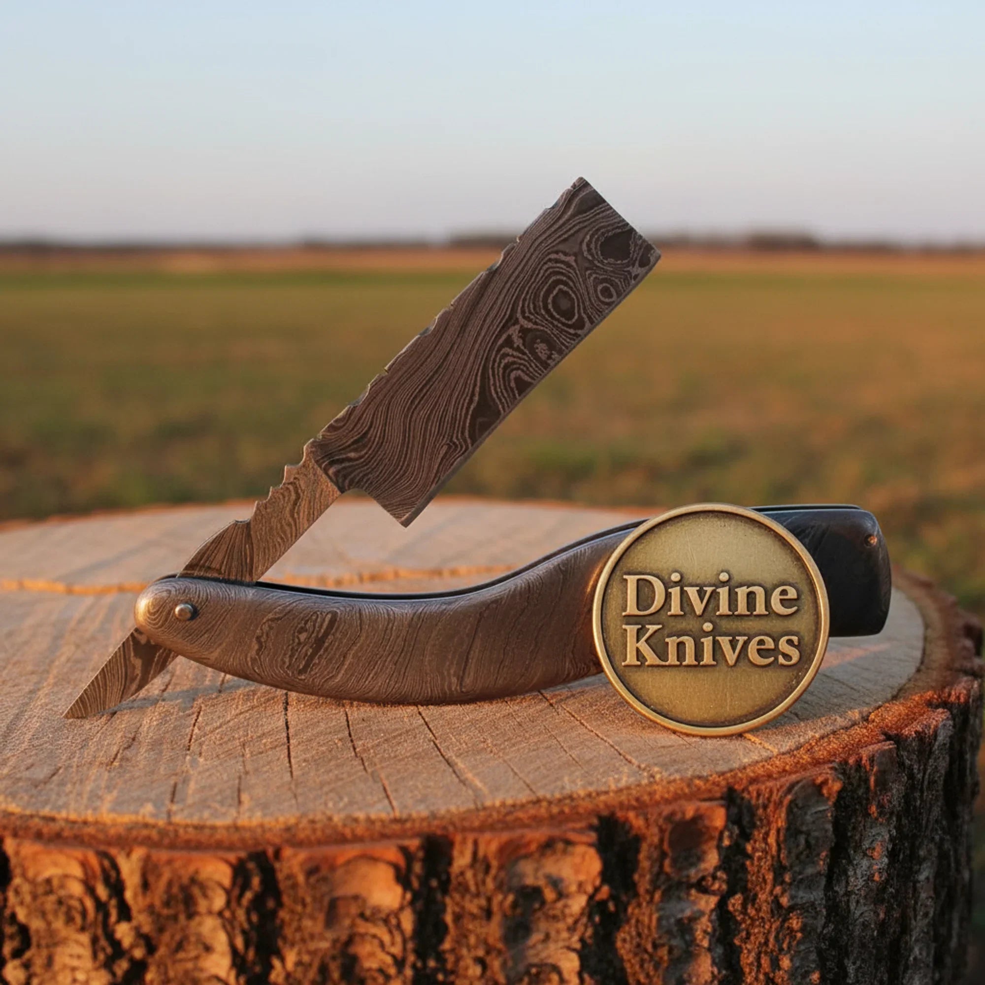 Solid Full Damascus Straight Razor – Handcrafted All-Steel Cut-Throat Razor (4–5 Inch) by Divine Knives
