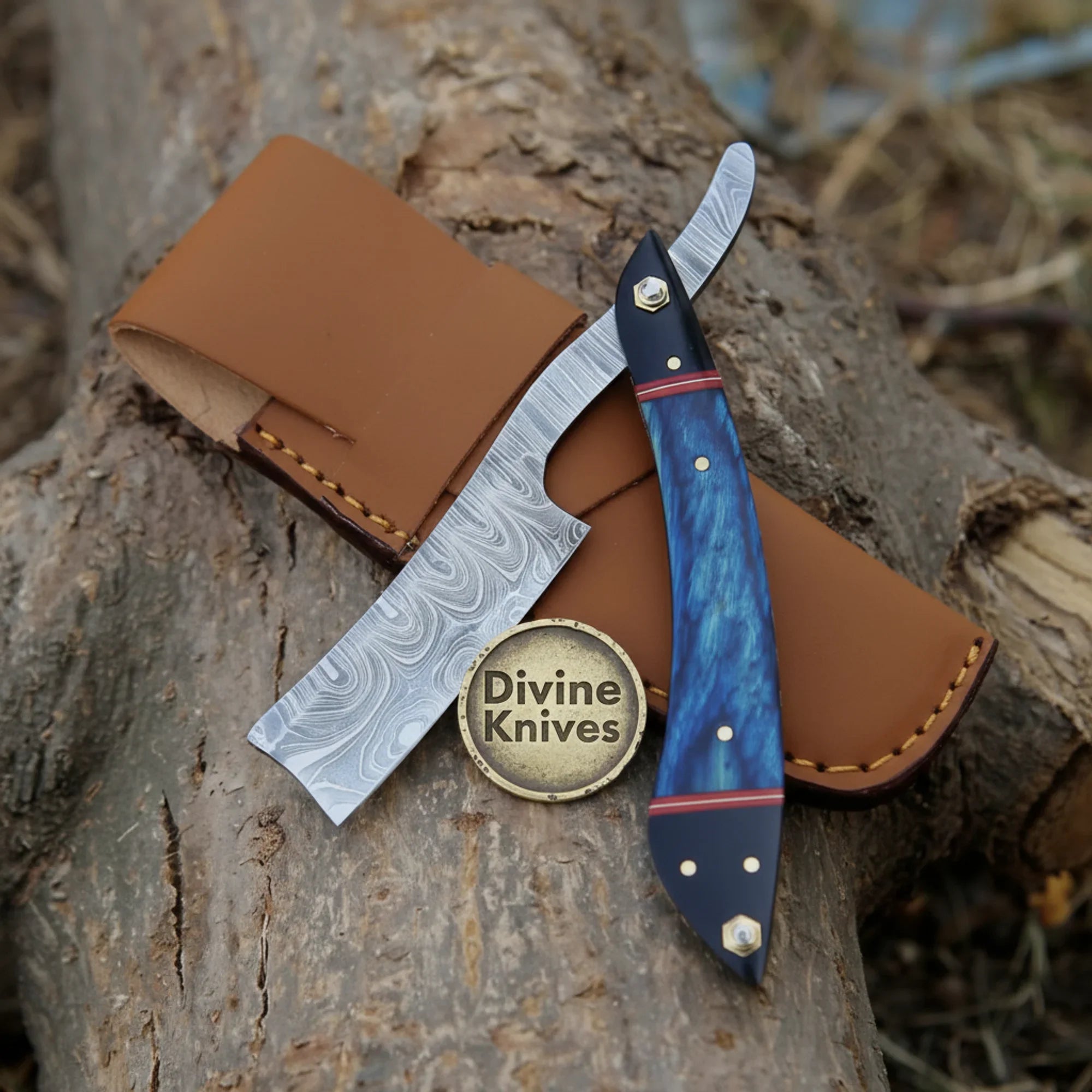 Twisted Damascus Straight Razor with Blue & Black Resin Handle – Handcrafted Cut-Throat Razor by Divine Knives