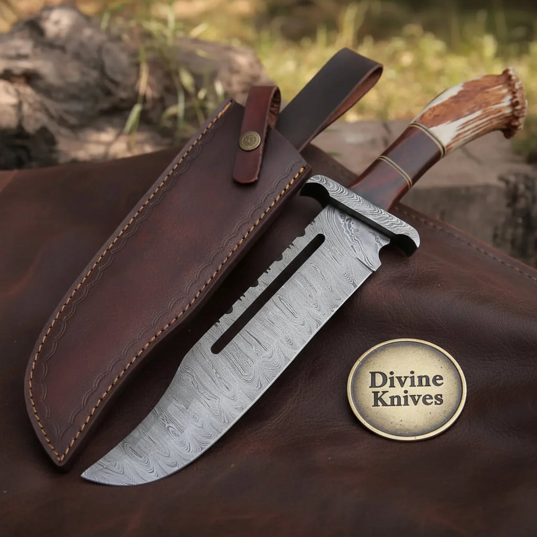 Texas Star Stag Handle Hunting Knife with Western Design by Divine Knives
