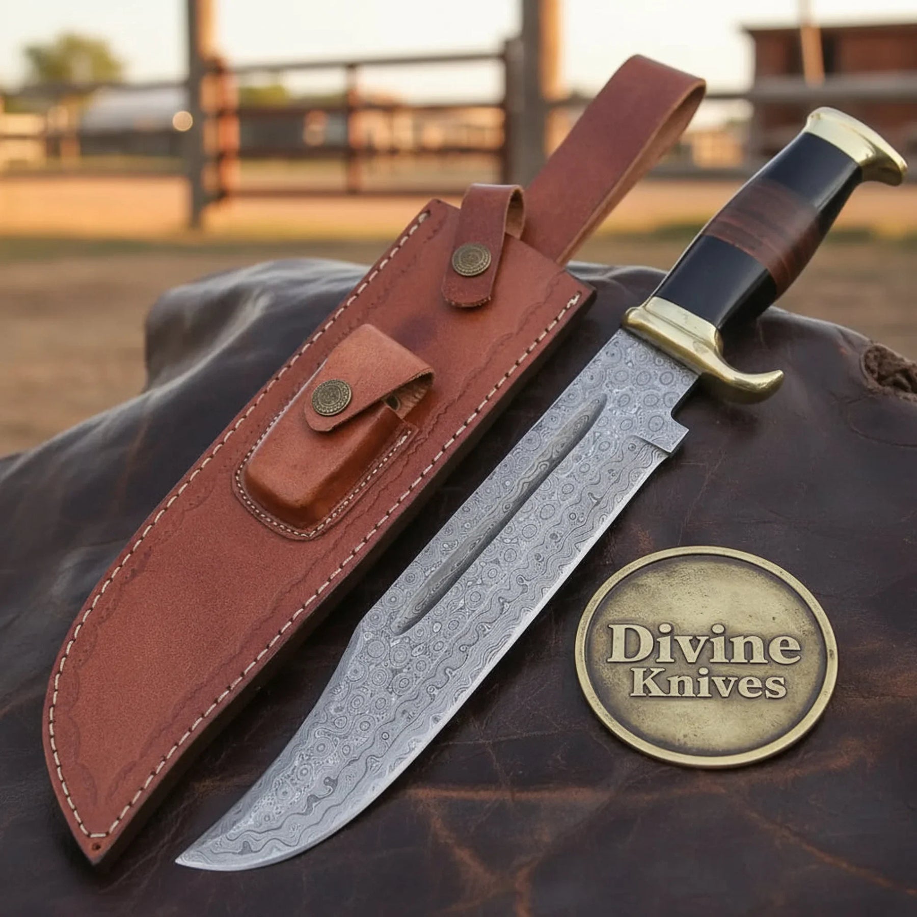 Damascus Bull Cutter Knife with Heavy-Duty D-Guard Handle by Divine Knives