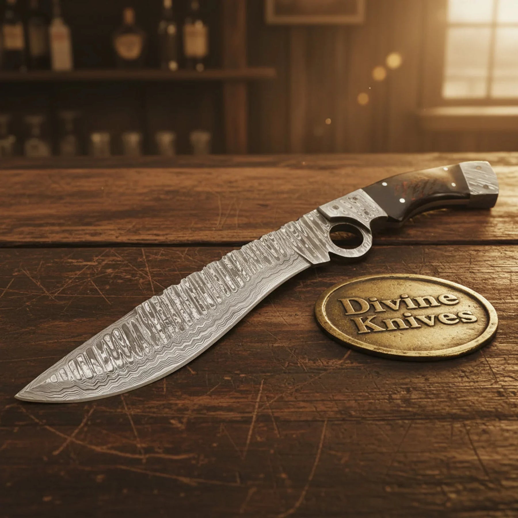 Burl Wood Handle Damascus Bowie Knife for Outdoor Adventures by Divine Knives
