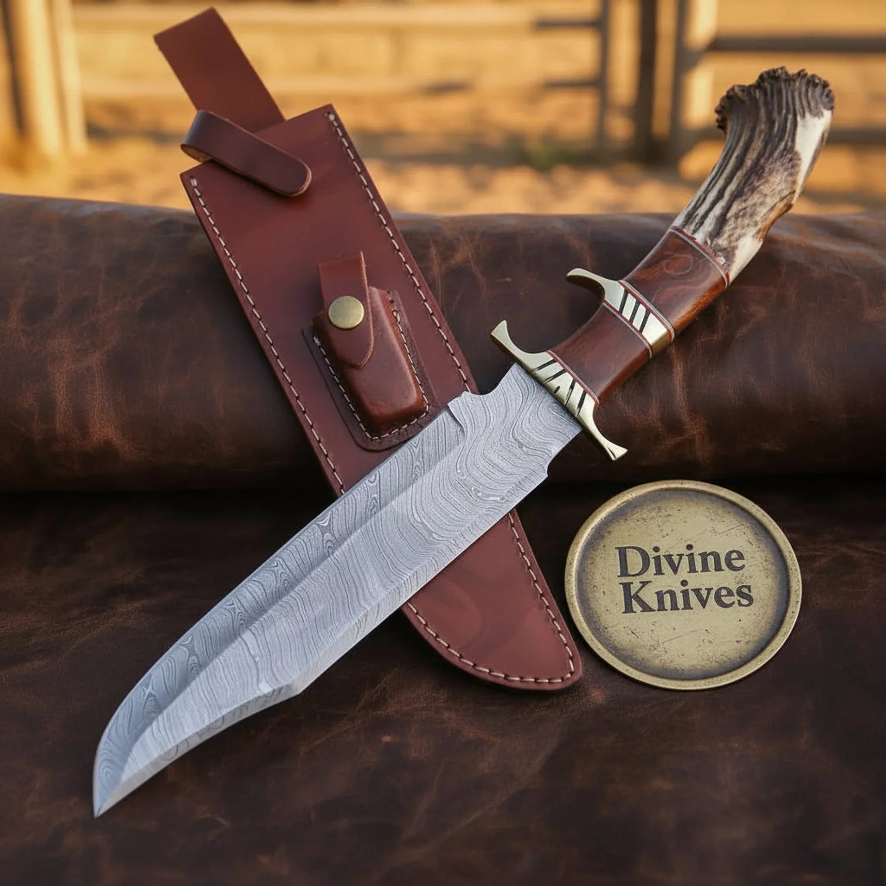 Bone Handle Damascus Bowie Knife with Handcrafted Design by Divine Knives