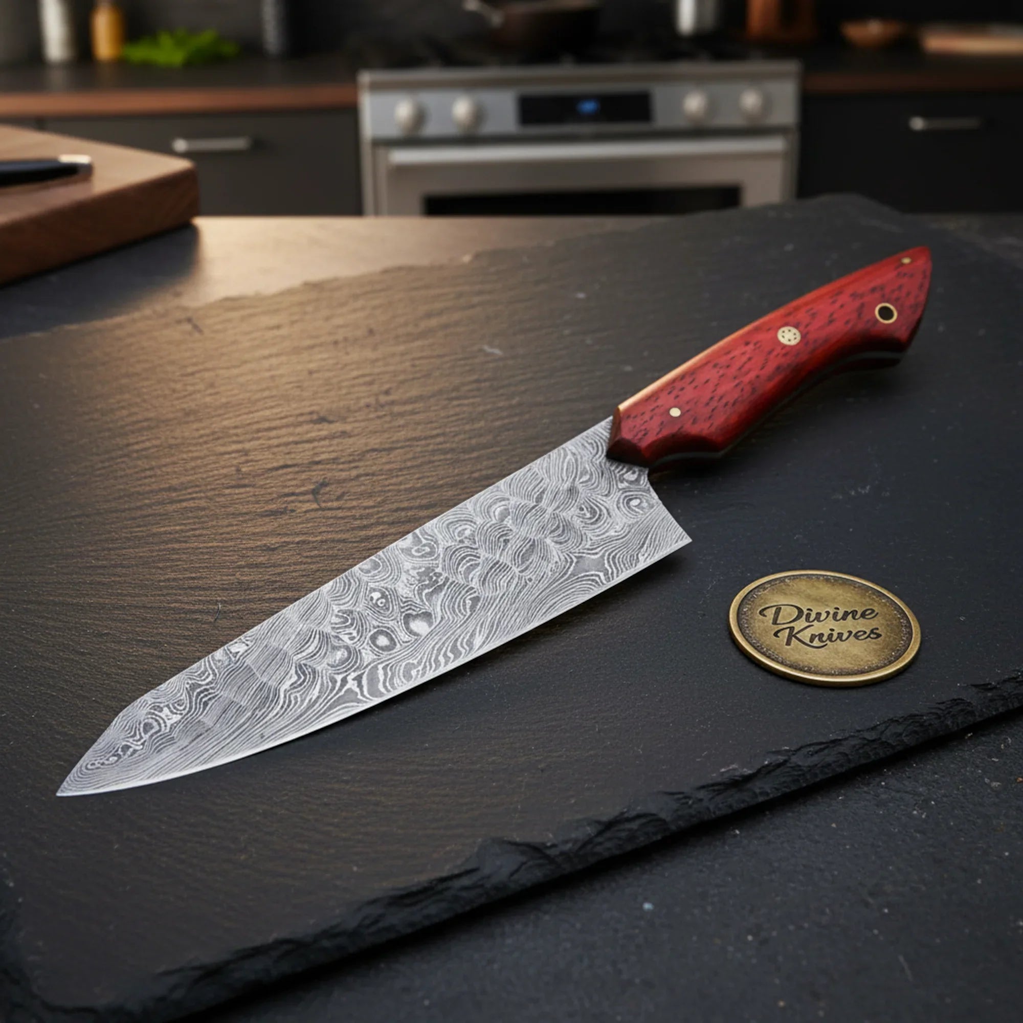 Red Pakka Wood Chef Knife with Hand-Forged Patterned Steel Blade for Everyday Slicing by Divine Knives