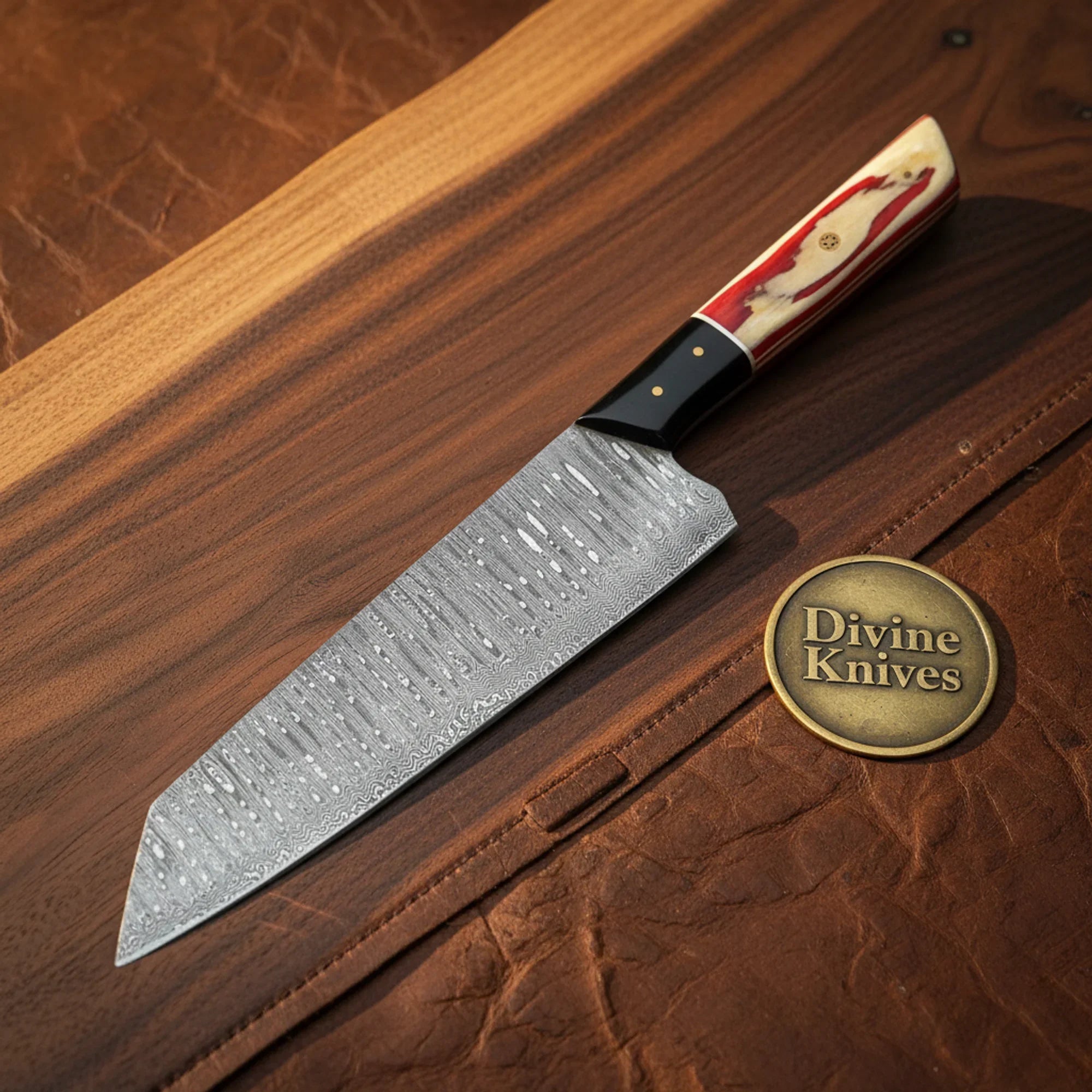 Bocote Wood Kiritsuke Chef Knife with Hammered Blade Finish for Precision Cutting by Divine Knives