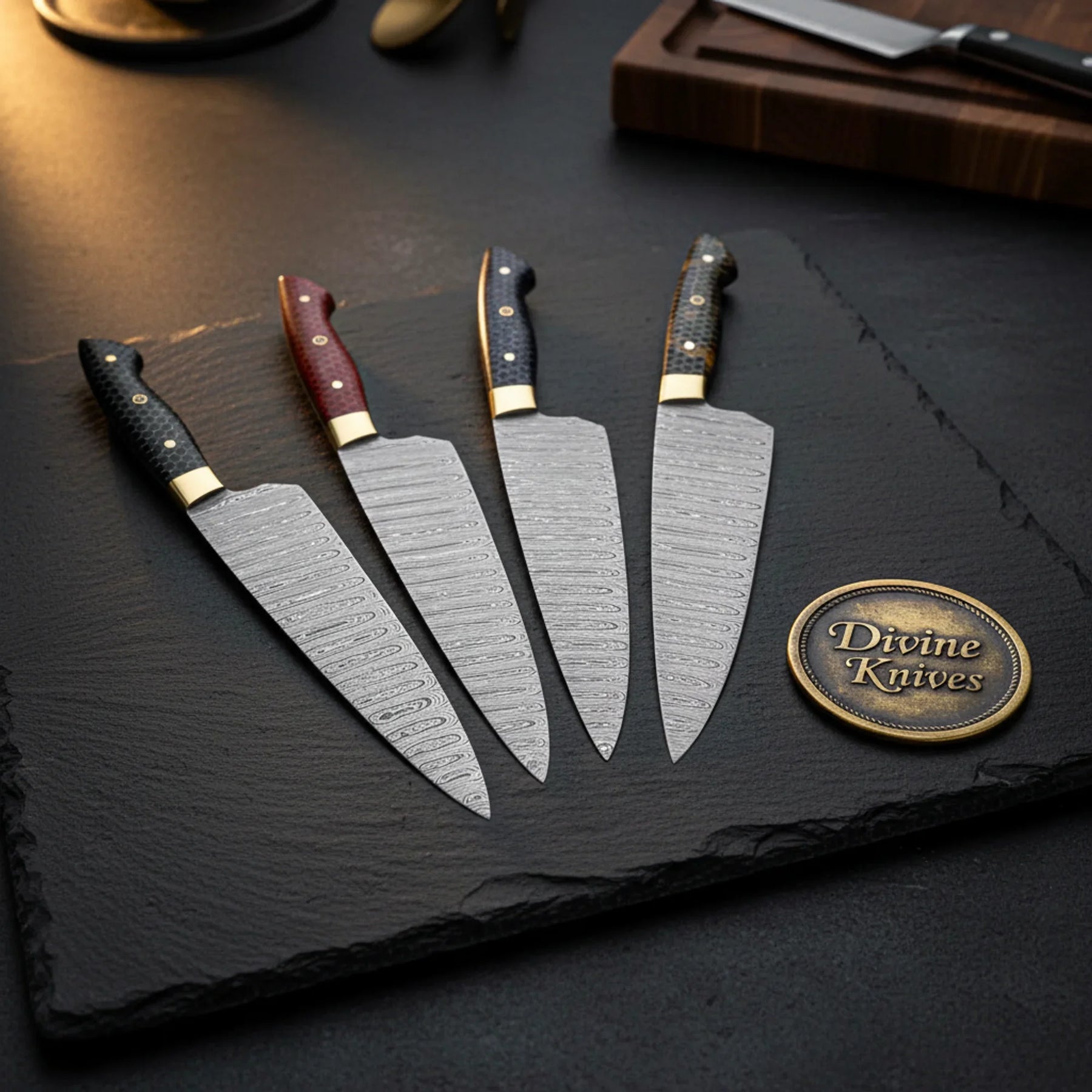 4-Piece Brass Bolster Chef Knife Set with Mixed Handle Finishes for a Complete Kitchen Upgrade by Divine Knives