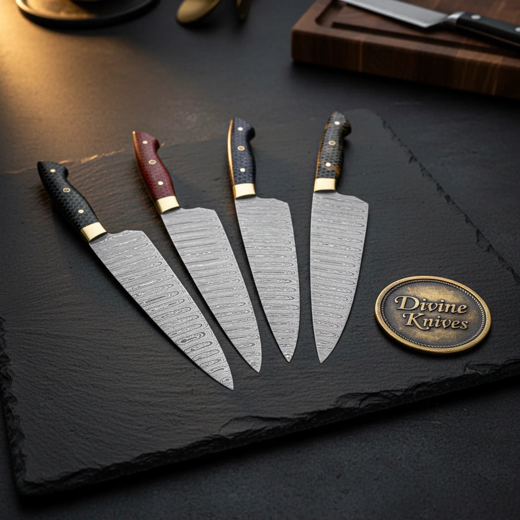 4-Piece Brass Bolster Chef Knife Set with Mixed Handle Finishes for a Complete Kitchen Upgrade by Divine Knives