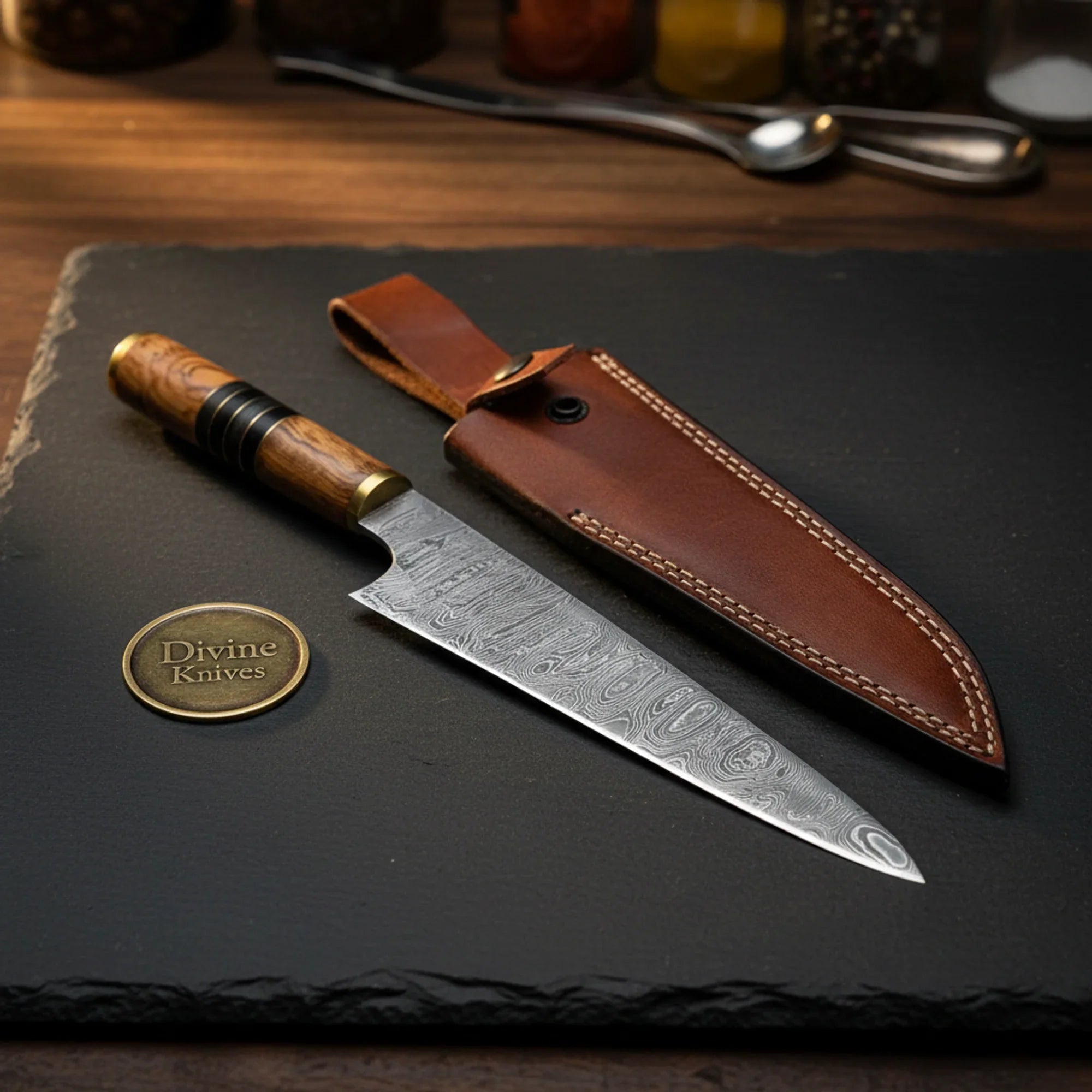 Two-Tone Wood Chef Knife with Brass Ring Accents and Leather Sheath for Everyday Cooking by Divine Knives