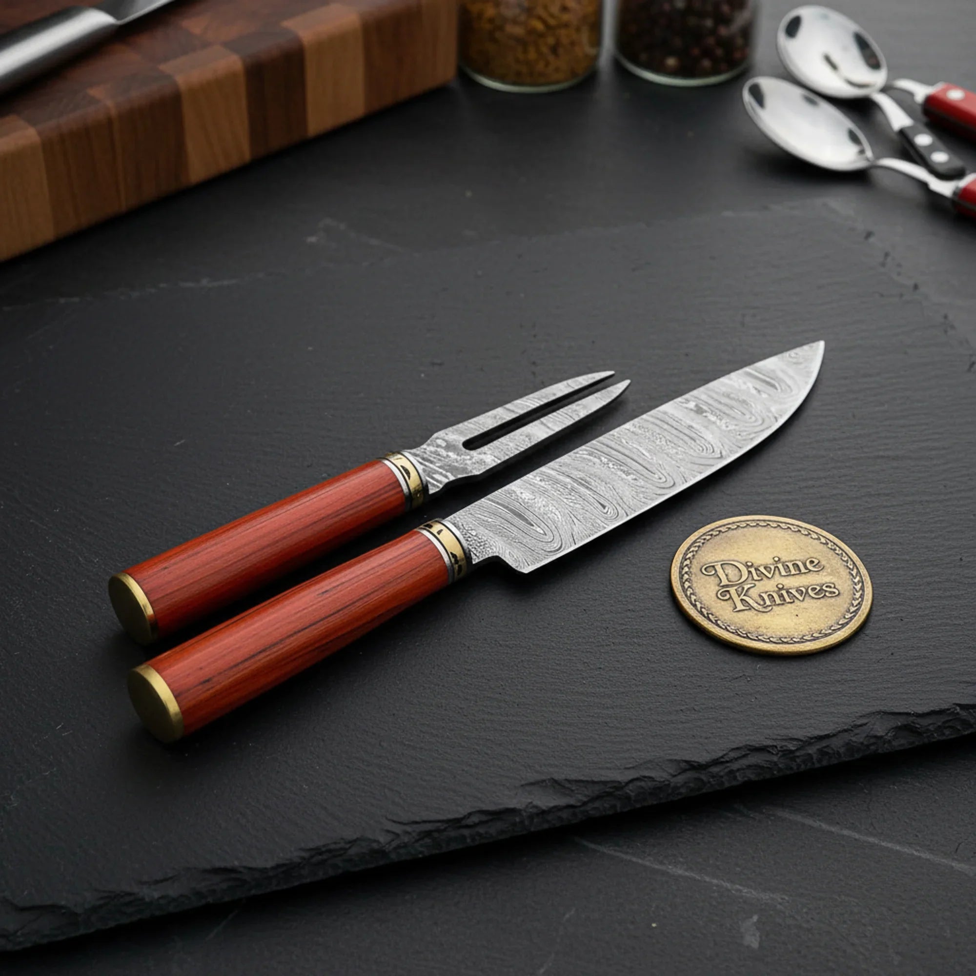 Red Wood Handle Chef Knife and Carving Fork Set for Serving and Everyday Prep by Divine Knives