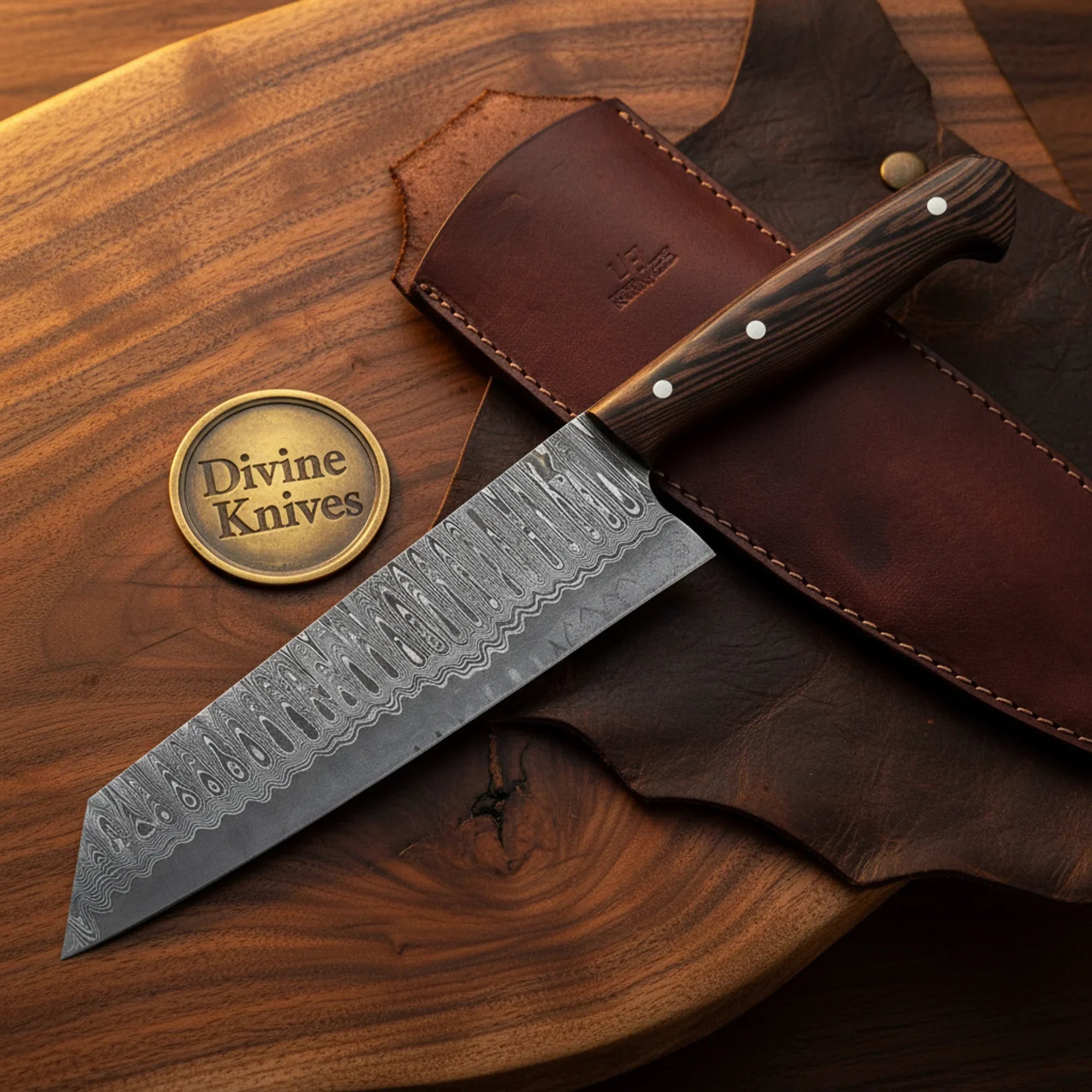 Wenge Wood Kanto Chef Knife with Deeply Textured Blade for Bold Kitchen Prep by Divine Knives