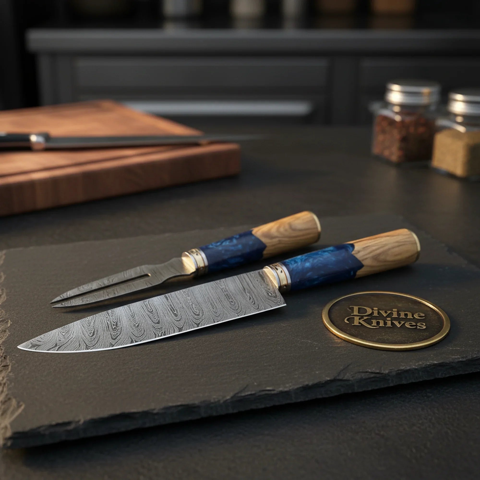 Blue Resin Olive Wood Chef Knife and Fork Set for Coordinated Carving and Serving by Divine Knives