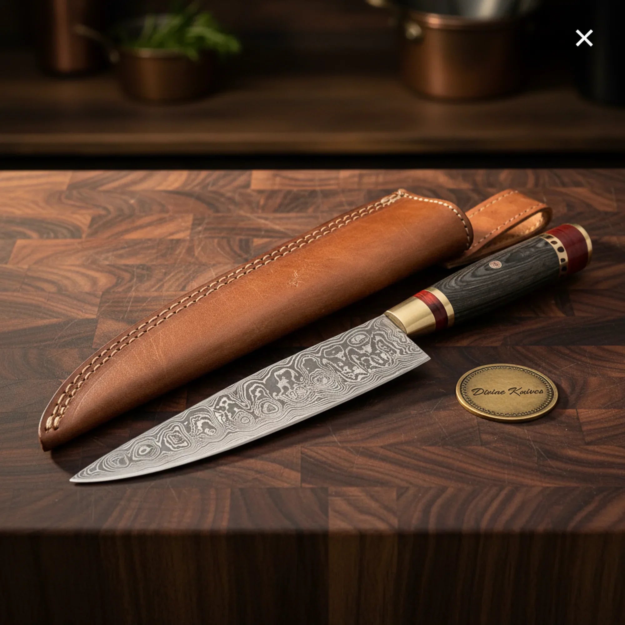 Blue Pakka Wood Damascus Bunka Chef Knife for Everyday Versatility by Divine Knives