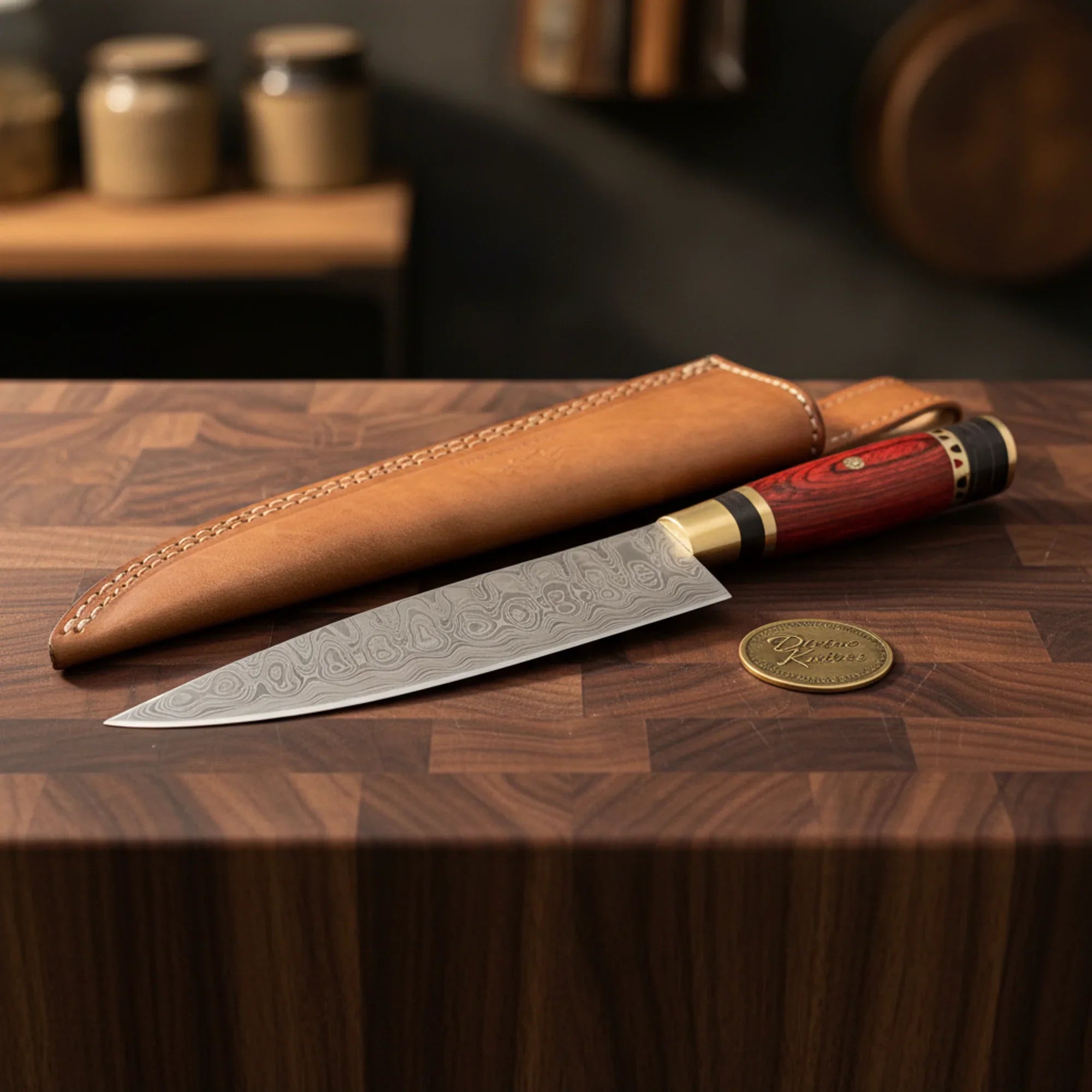 Olive Wood Chef Knife with Damascus Blade – Handmade Gyuto Kitchen Knife by Divine Knives