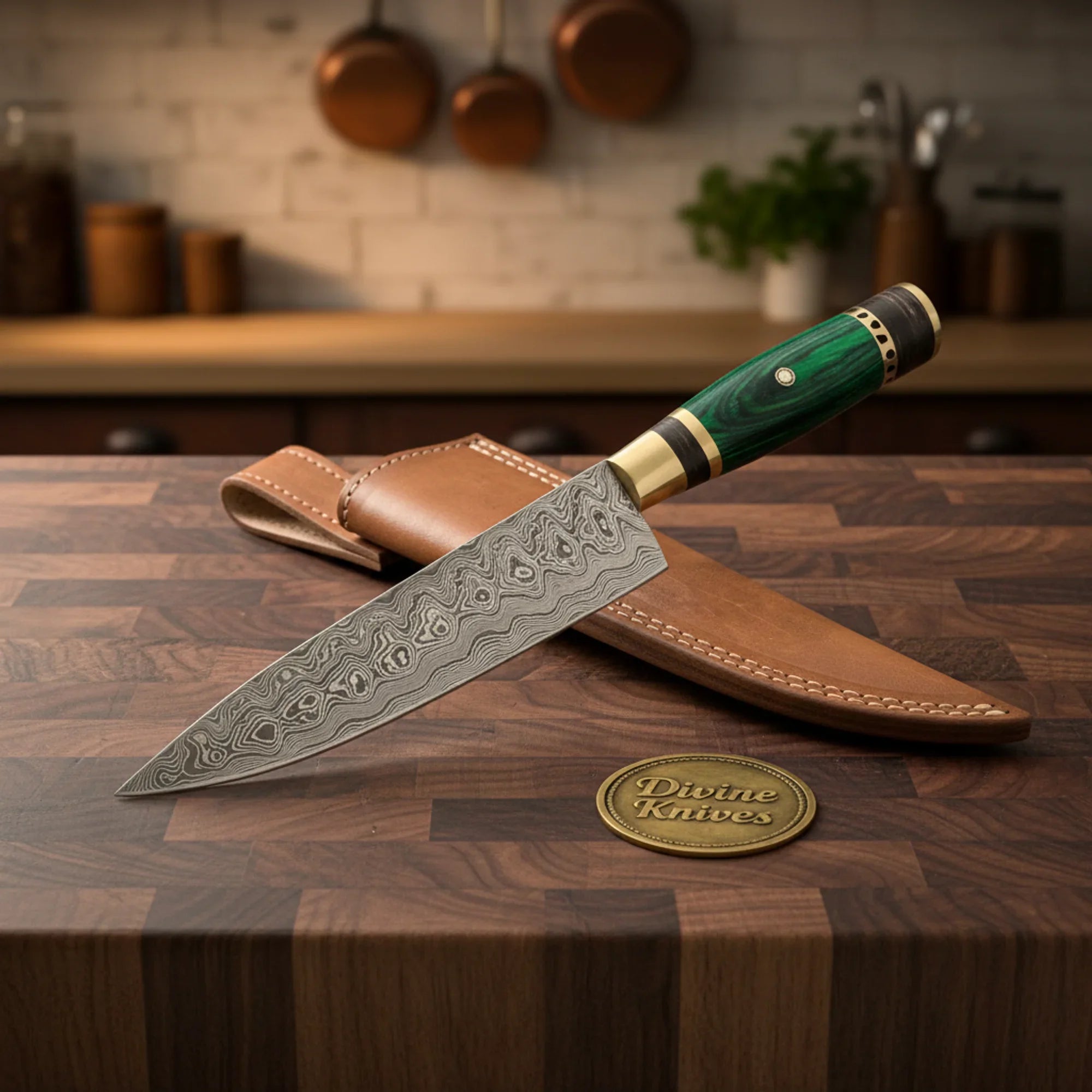 Wenge Handle Chef Knife with Damascus Blade & Sheath – Handmade Kiritsuke by Divine Knives
