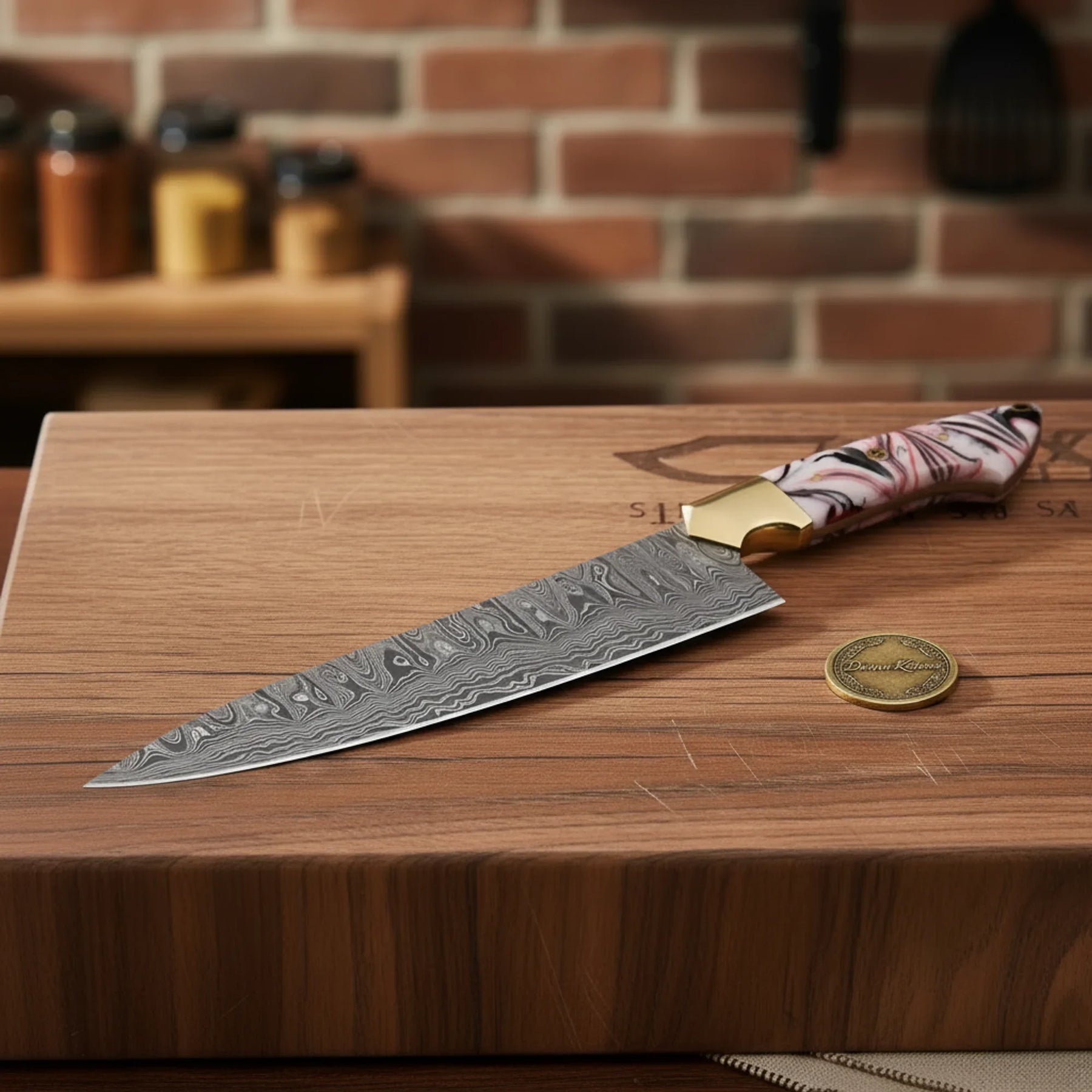 Copper Damascus Chef Knife with Bone Handle – Handcrafted Kitchen & Collector's Piece by Divine Knives