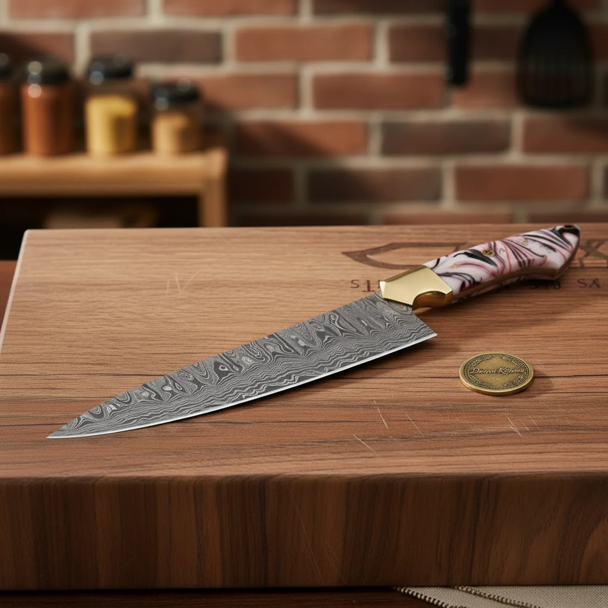 Copper Damascus Chef Knife with Bone Handle – Handcrafted Kitchen & Collector's Piece by Divine Knives