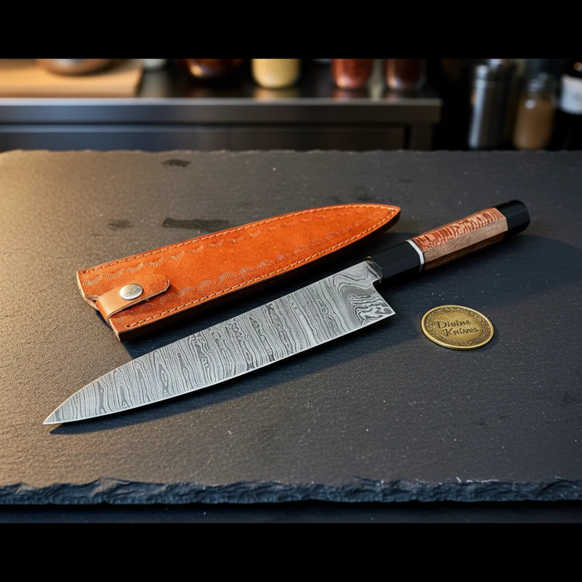 Damascus Gyuto Knife with Red Pakka Handle – Handmade Chef Knife by Divine Knives