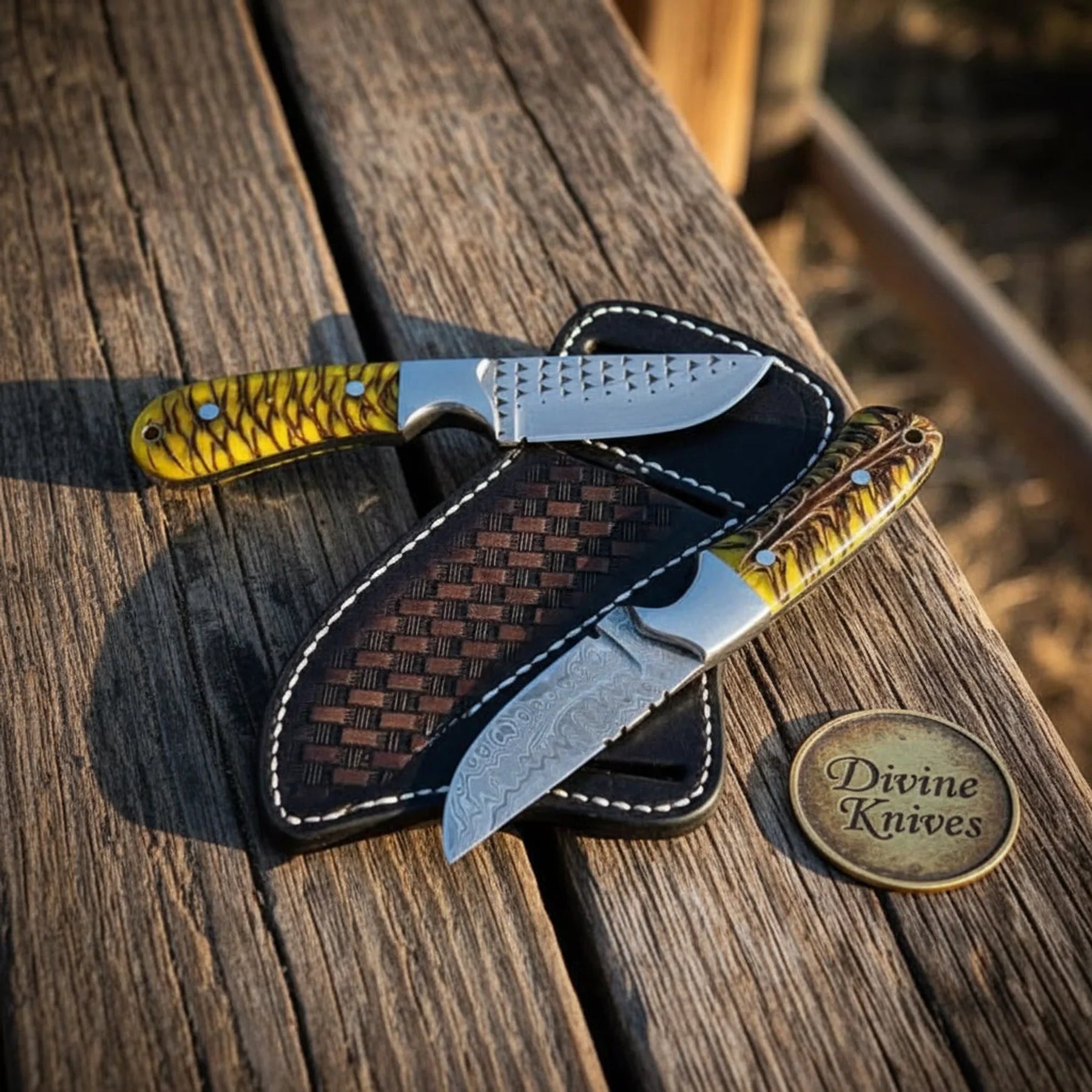 Matching Cowboy Knife Set – Rasp Steel & Damascus Pair with Pine Cone Resin Handles by Divine Knives