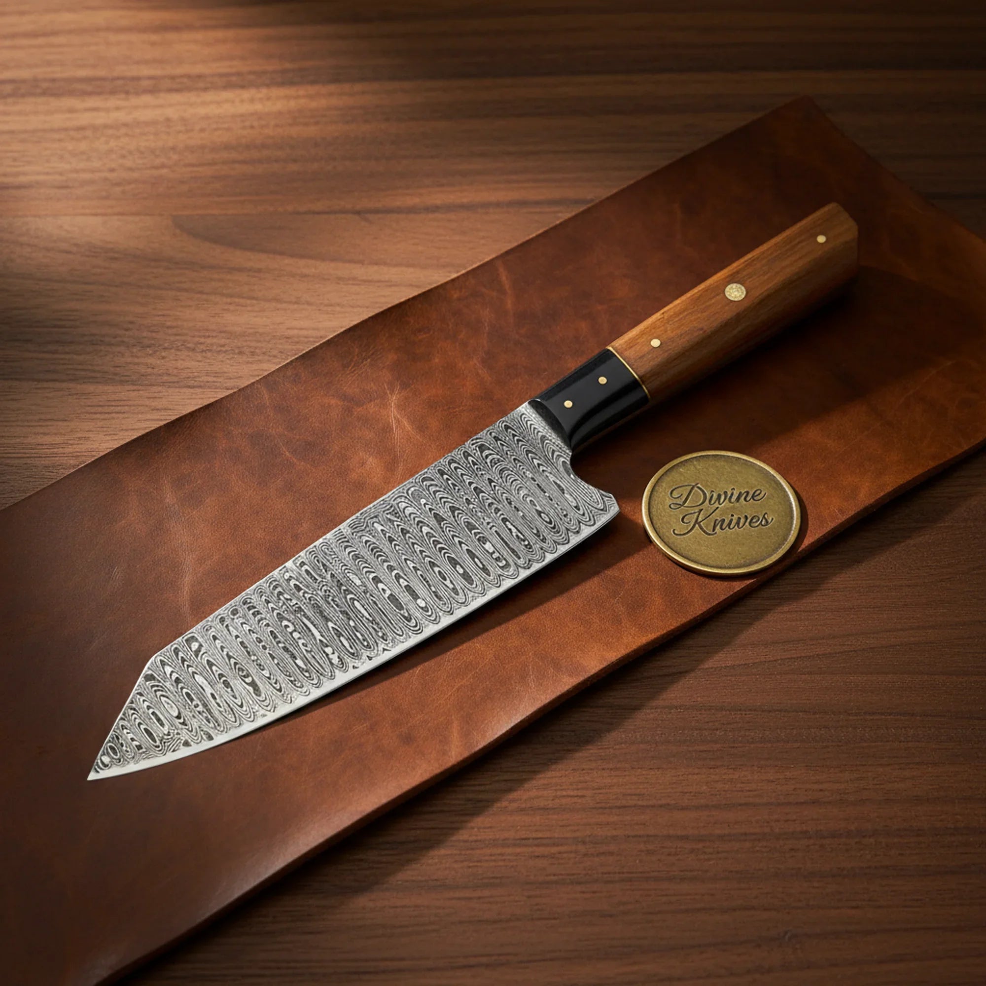 Feather Pattern Damascus Chef Knife with Walnut Handle – Handcrafted Kitchen Knife by Divine Knives