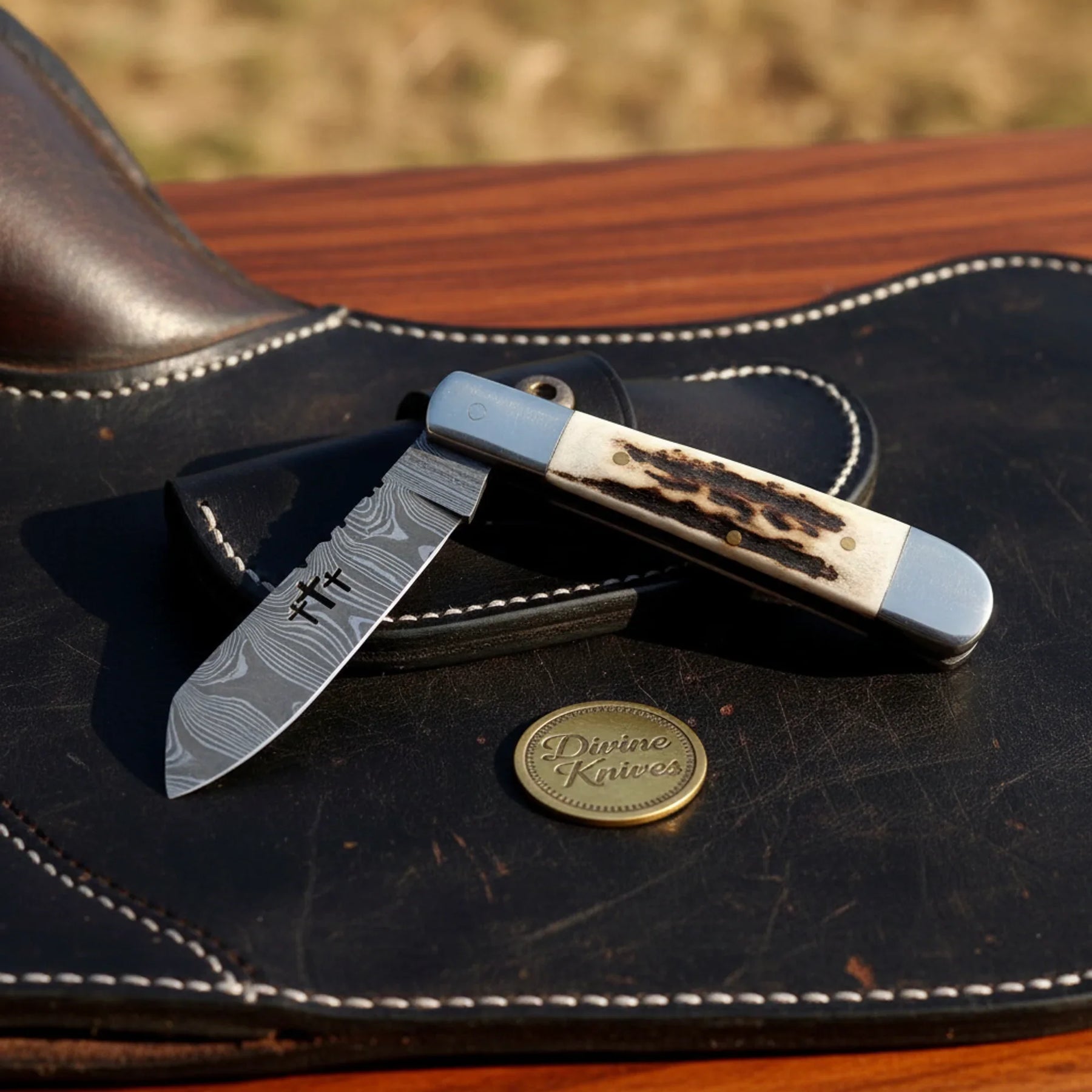 Damascus Trapper Folding Knife with Cross Cutout & Stag Handle – Handcrafted Everyday Carry (4-Inch Blade) by Divine Knives