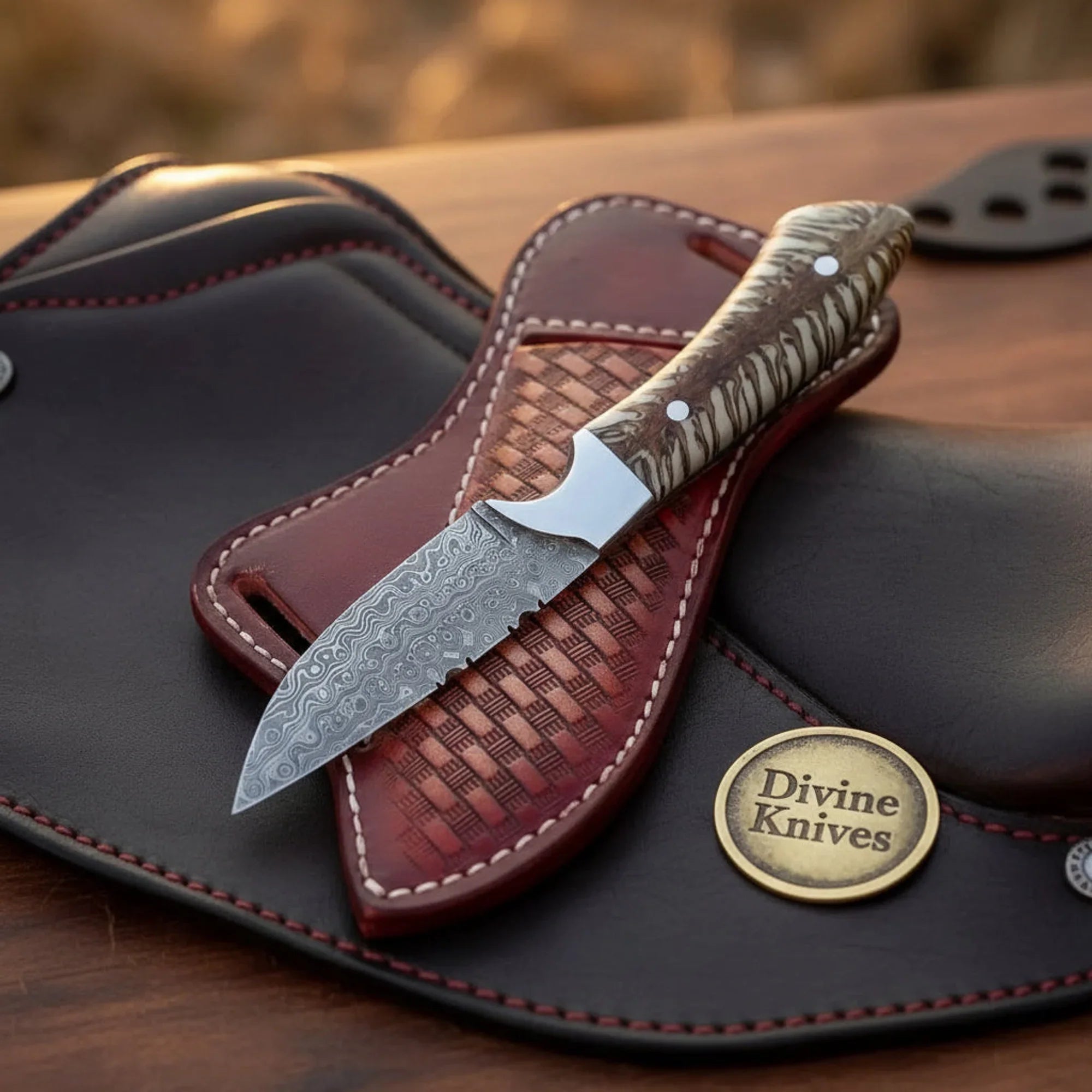 Pine Cone Resin Cowboy Knife with Damascus Blade – Handmade Outdoor & Hunting Tool by Divine Knives