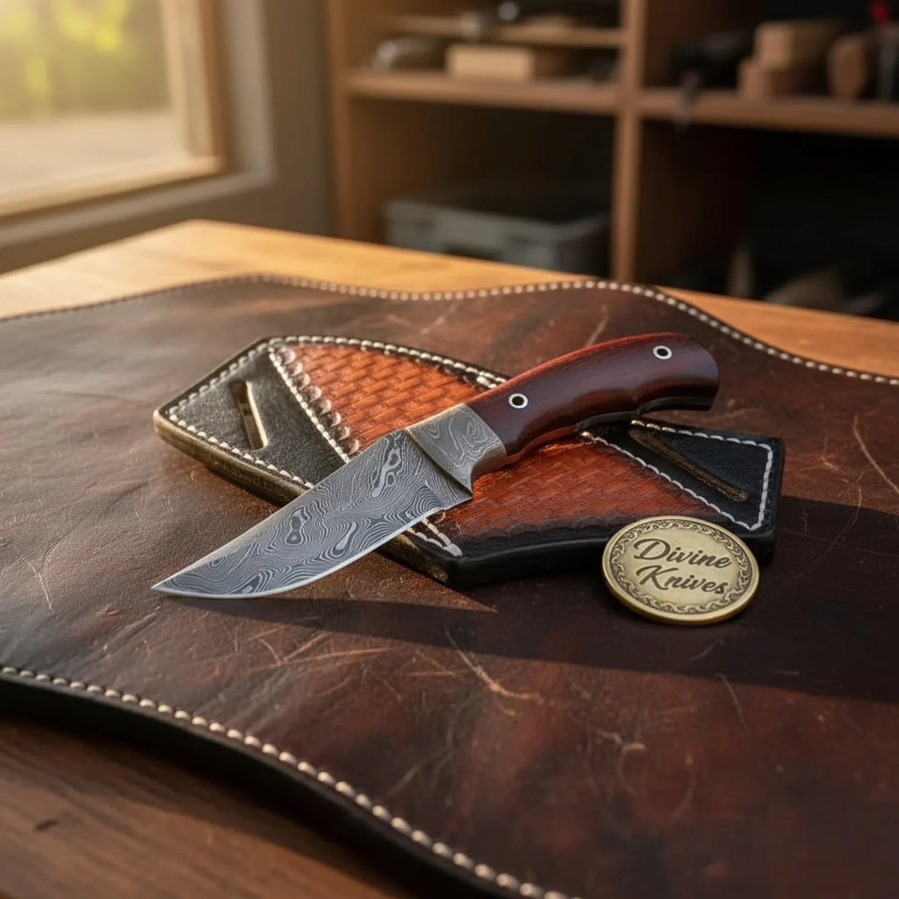 Damascus Cowboy Knife with Red Micarta Handle – Handcrafted Outdoor Tool with Damascus Bolster by Divine Knives