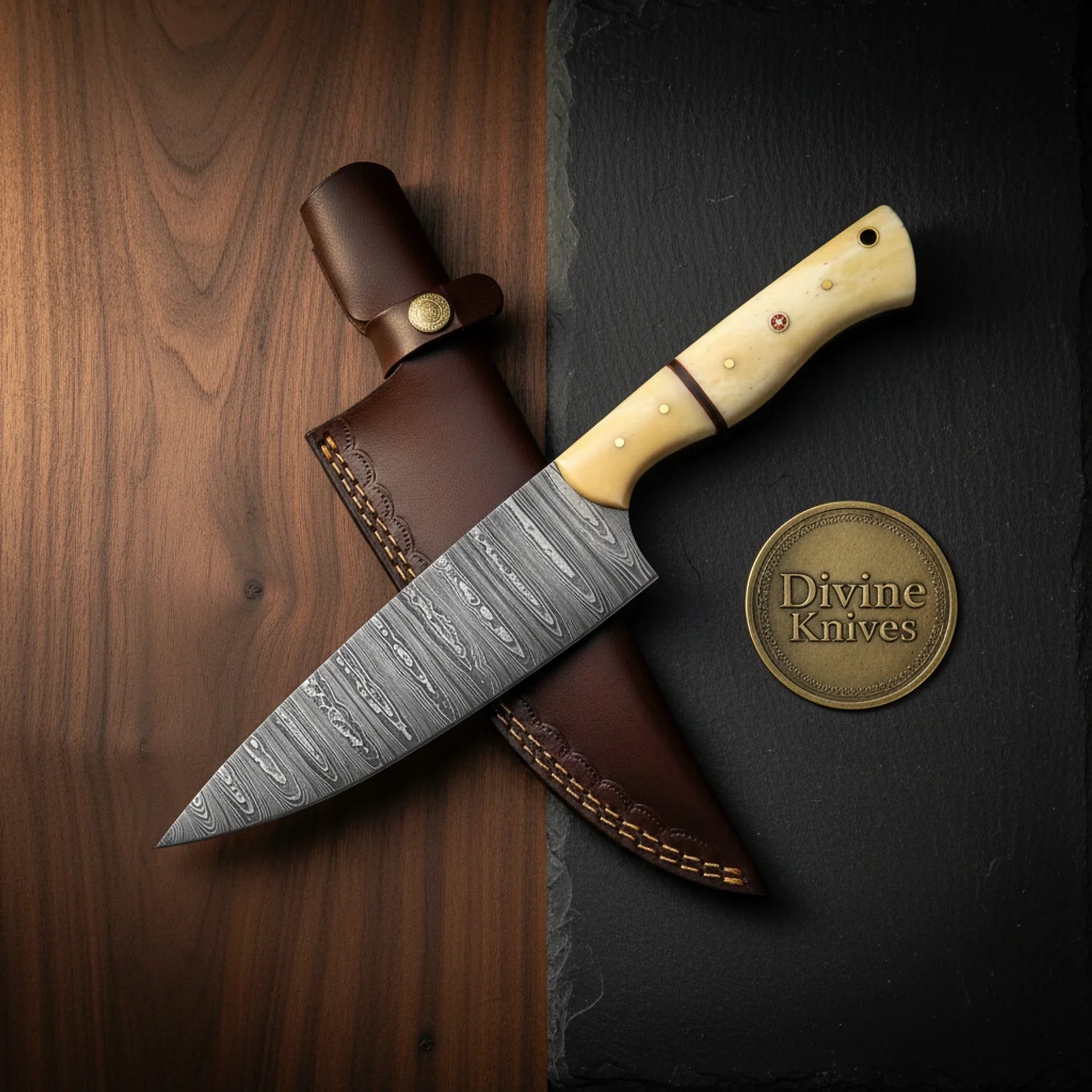 Olive Wood Damascus Santoku Knife for Precision Kitchen Cutting by Divine Knives