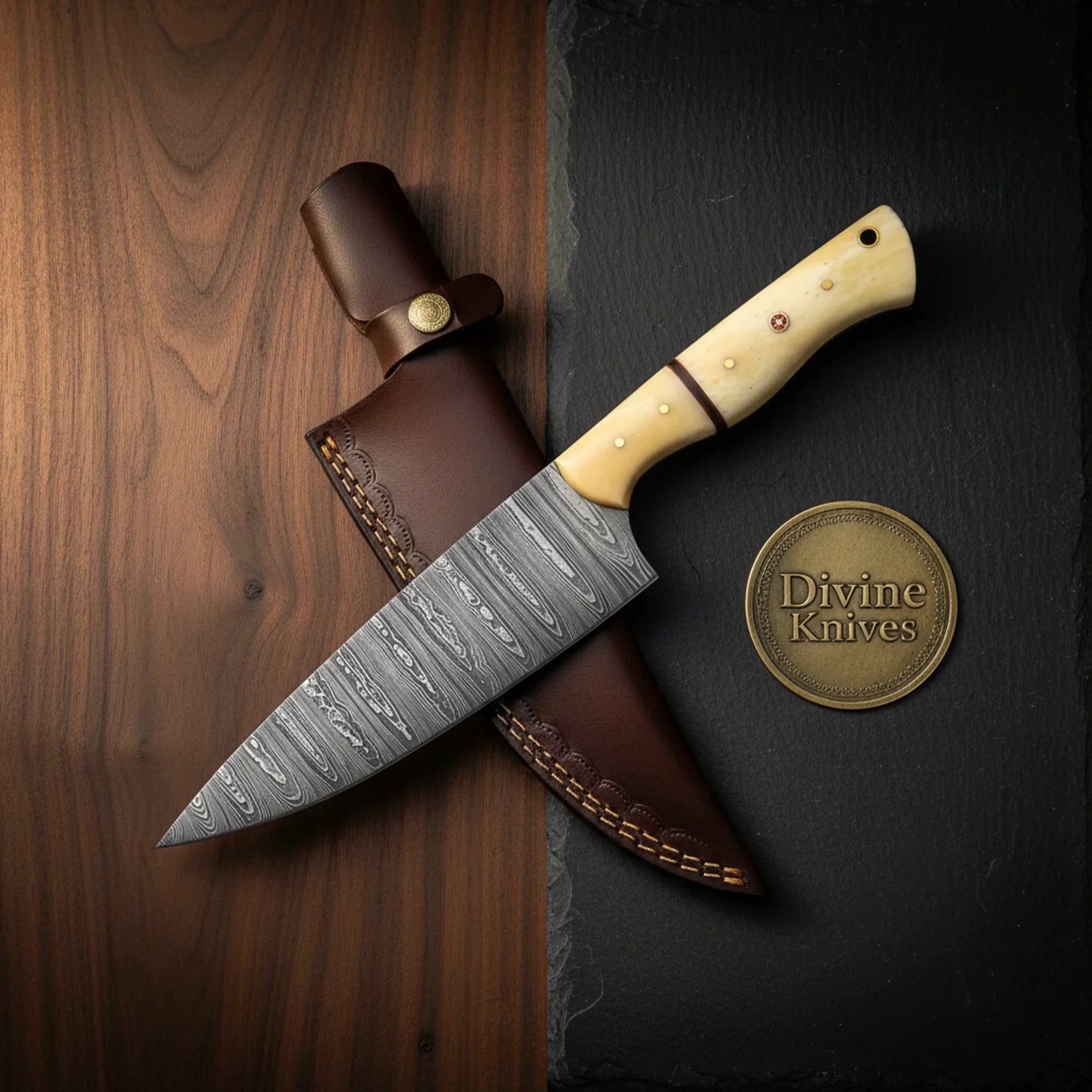 Olive Wood Damascus Santoku Knife for Precision Kitchen Cutting by Divine Knives