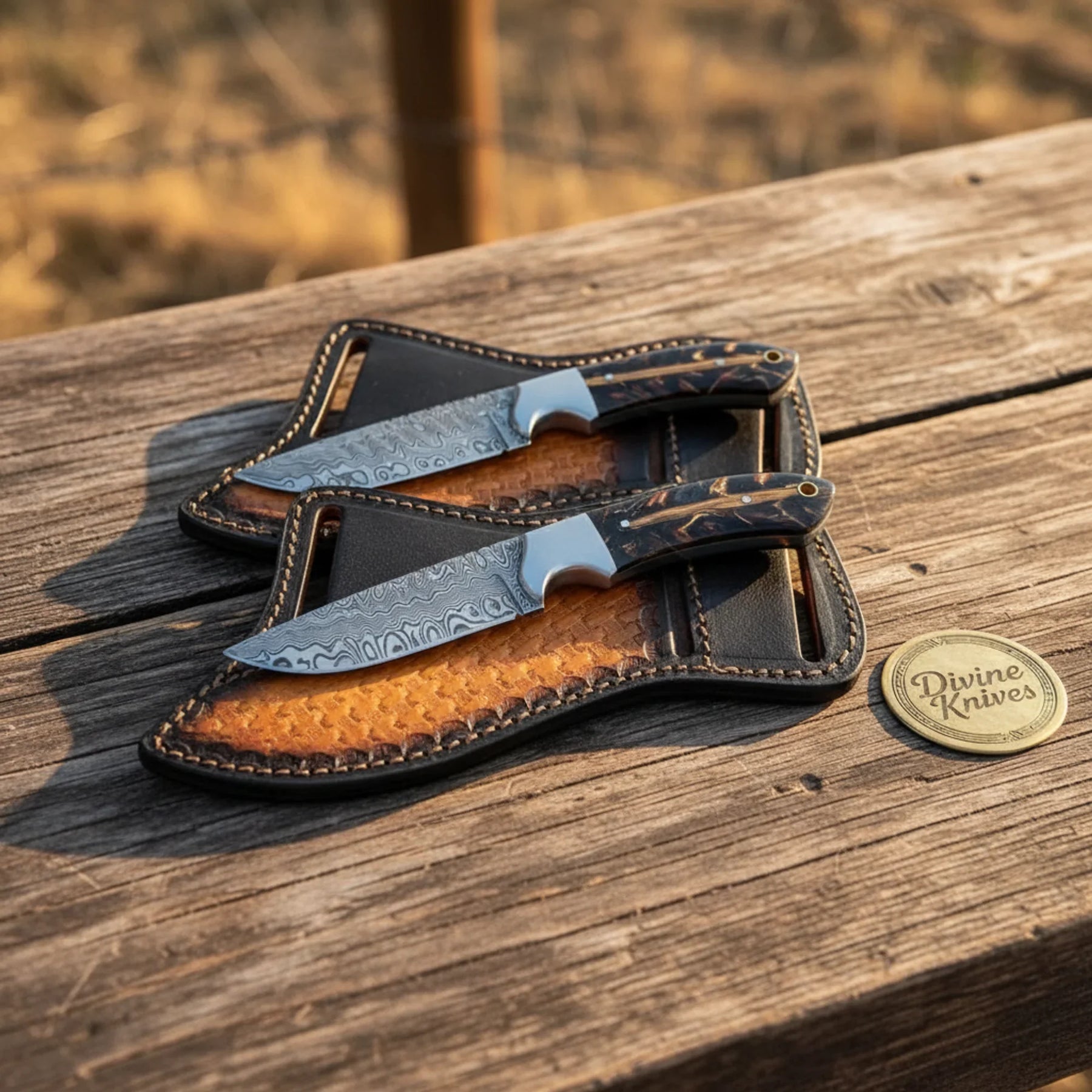 Basket-Weave Sheath Skinner Knife Pair with Colored Resin Handles for Hunters and Collectors by Divine Knives