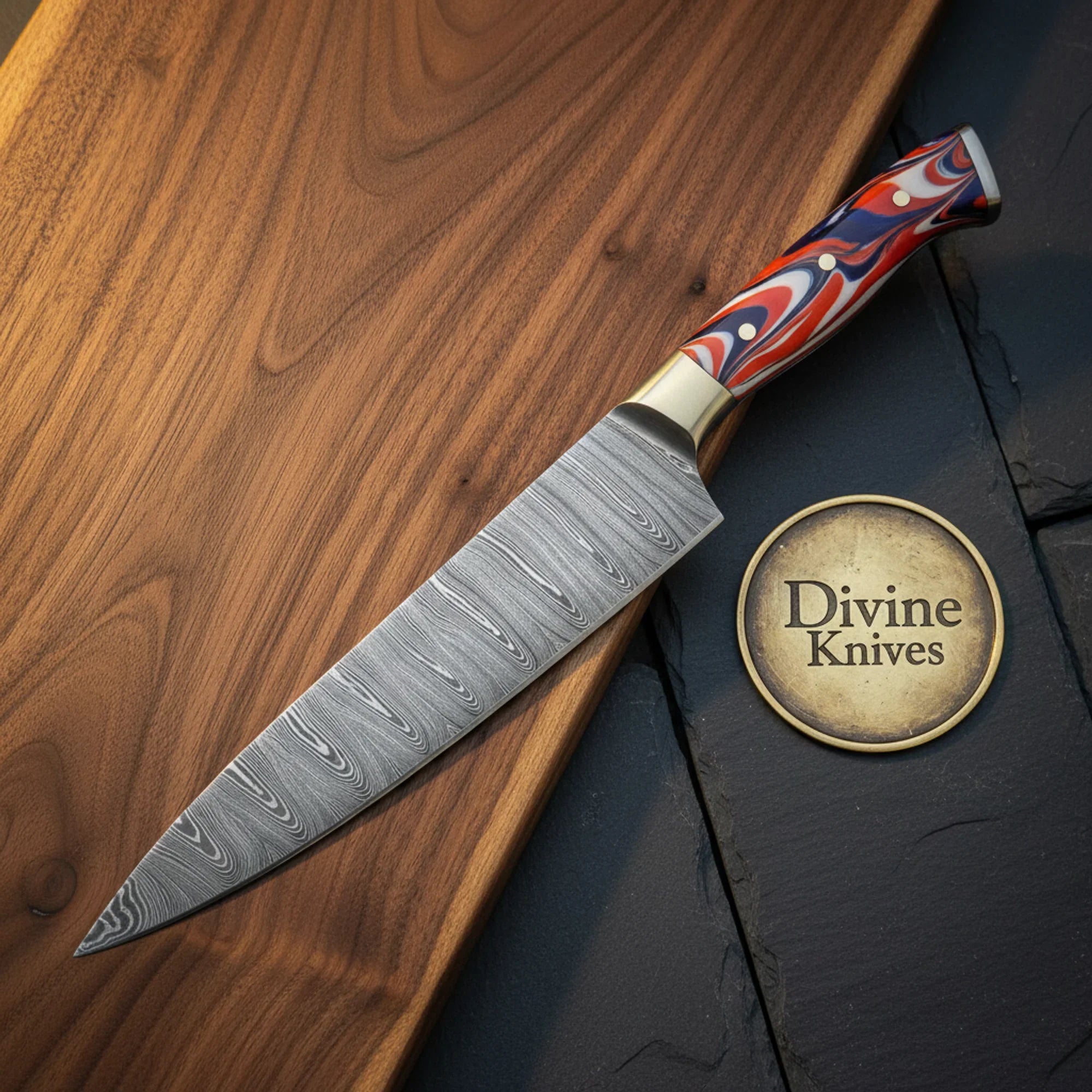 Rosewood Handle Damascus Chef Knife with Full Bolster Design by Divine Knives