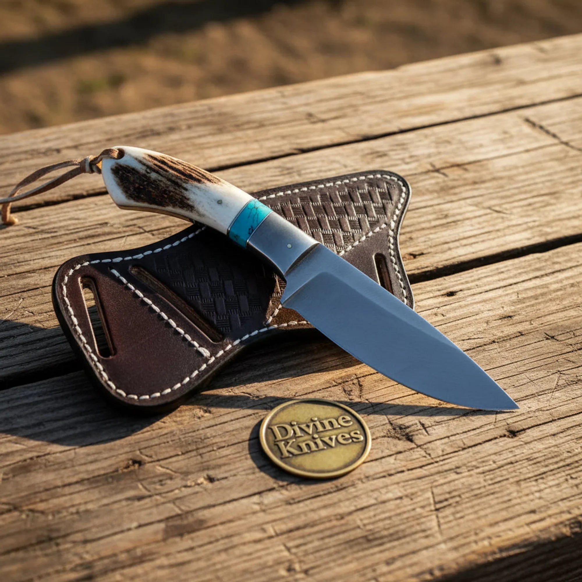 Acid-Washed Cowboy Knife with Stag Horn & Turquoise Handle – Handmade Outdoor Tool by Divine Knives