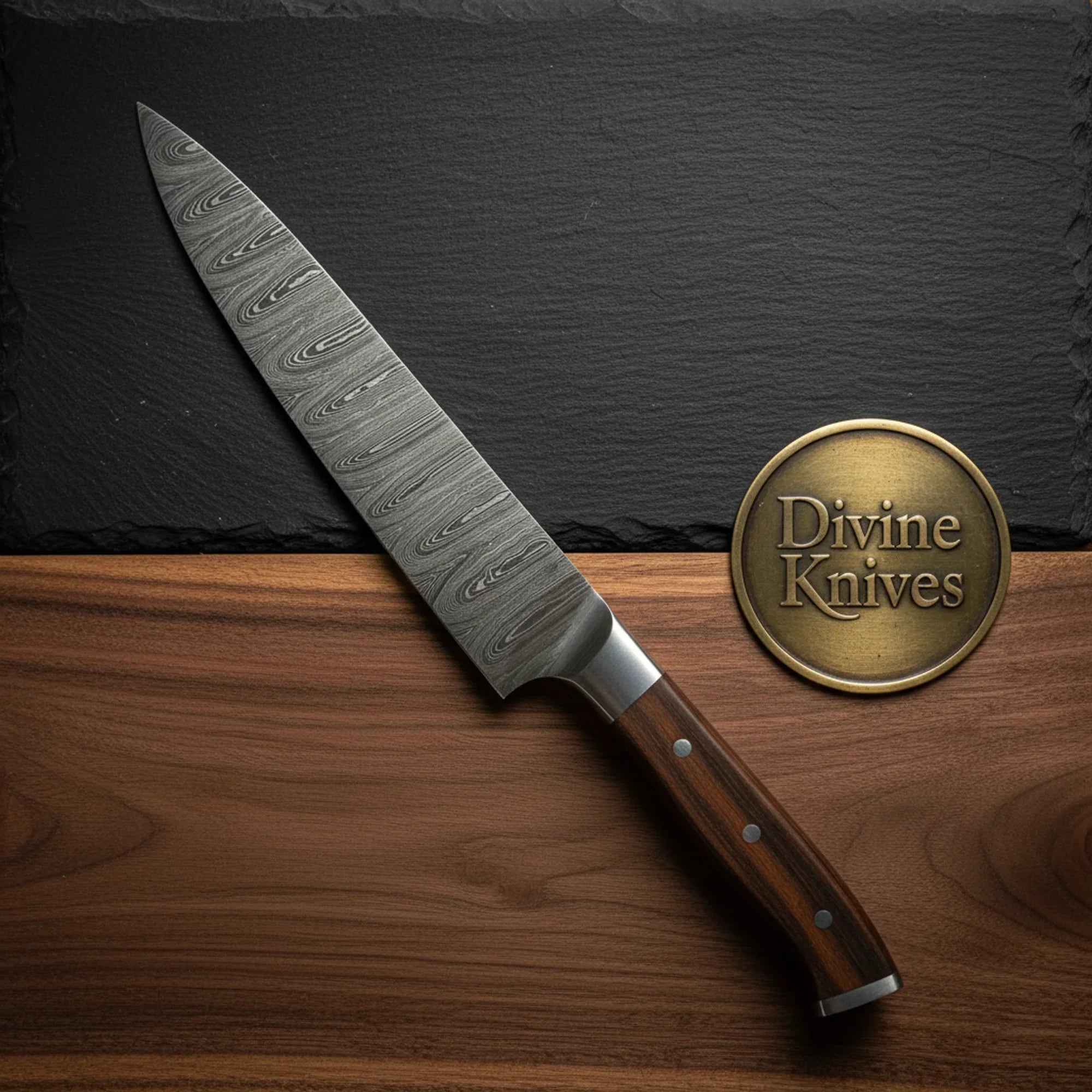 Rosewood Damascus Chef Knife with Leather Sheath for Kitchen Use by Divine Knives