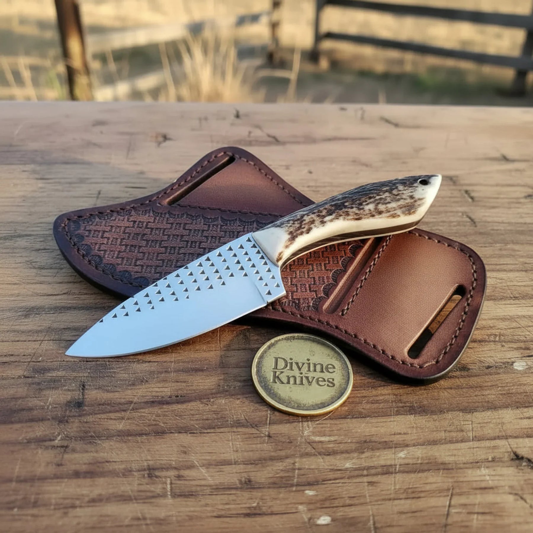 Stag Horn Cowboy Knife with Rasp Steel Blade & Basket-Weave Sheath by Divine Knives