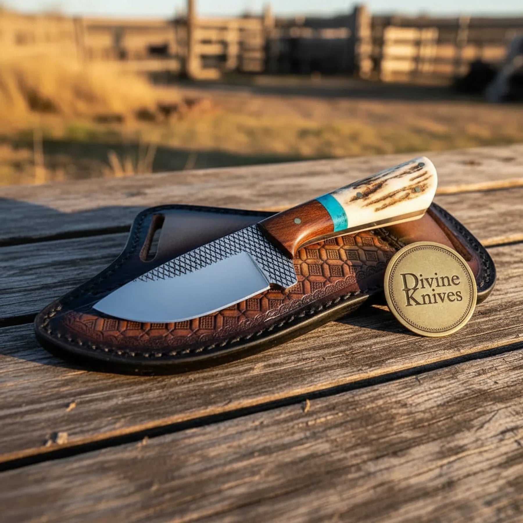 Rosewood, Turquoise & Stag Horn Cowboy Knife with Rasp Steel Blade by Divine Knives