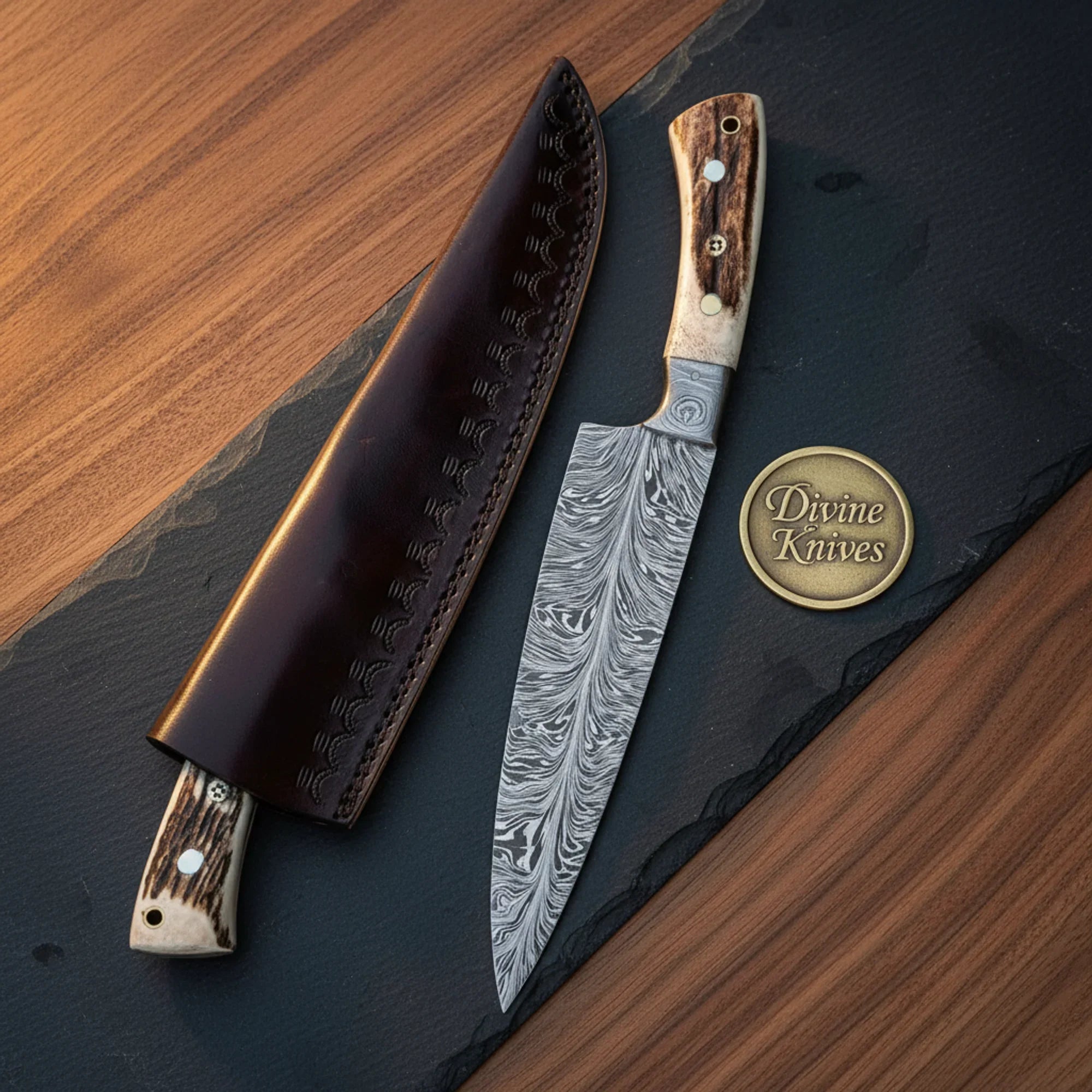Bone Handle Damascus Chef Knife with Protective Sheath by Divine Knives