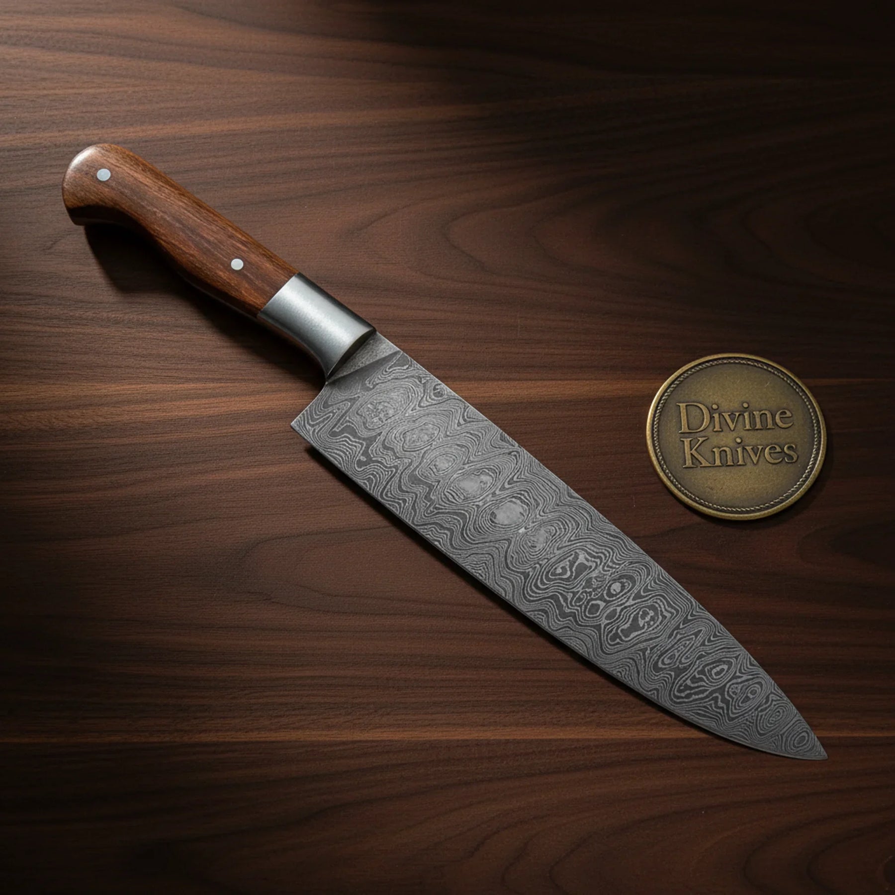 Feather Damascus Chef Knife with Stag Handle & Sheath – Handcrafted Kitchen & Display Knife by Divine Knives