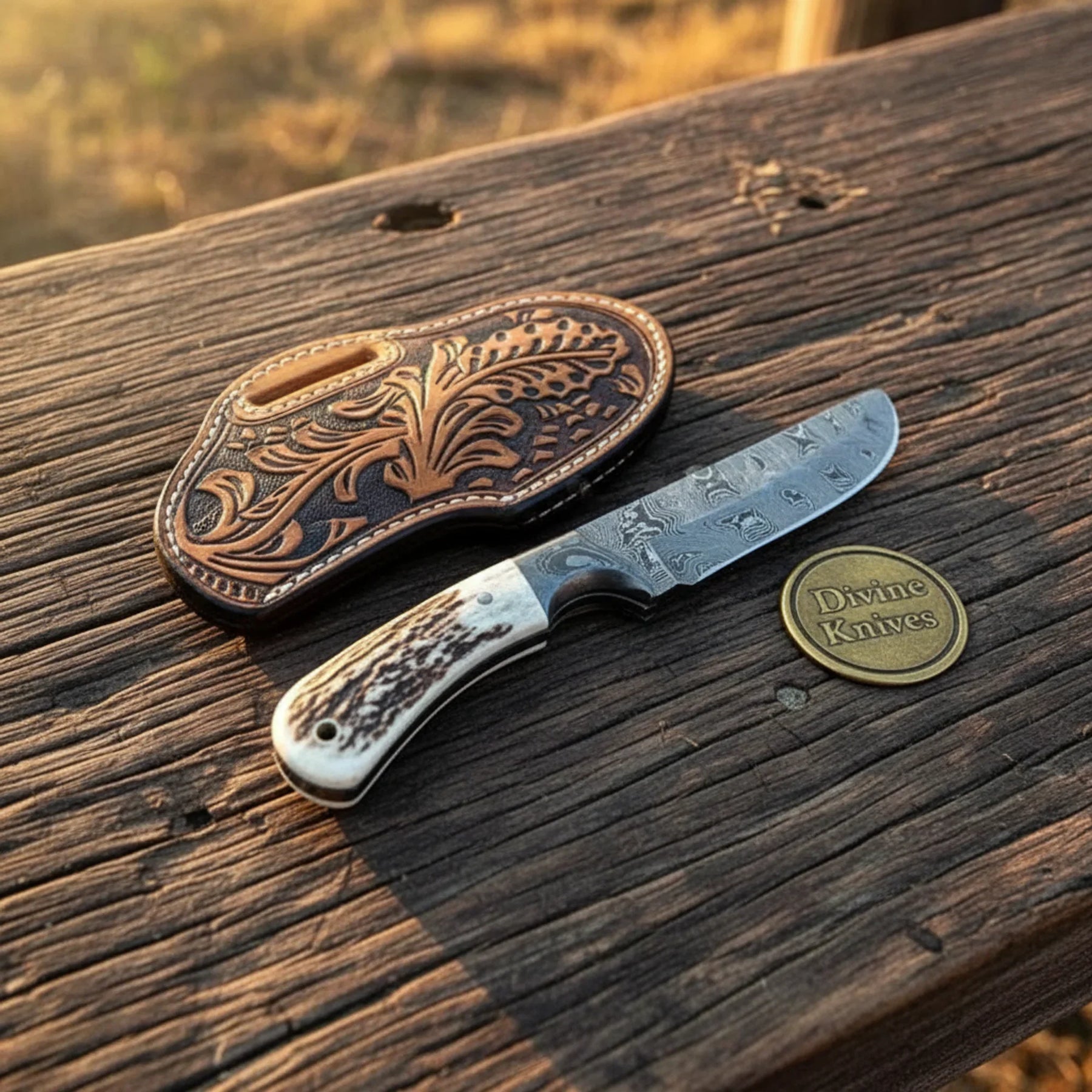Damascus Hunting Knife with Stag Horn Handle – Full-Tang Outdoor Tool (8-Inch) by Divine Knives