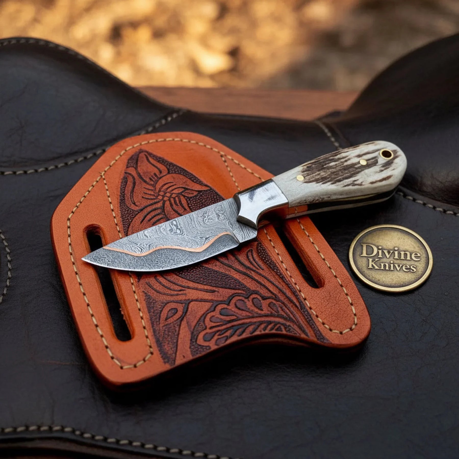 Copper Damascus Cowboy Knife with Stag Horn Handle & Floral Sheath by Divine Knives