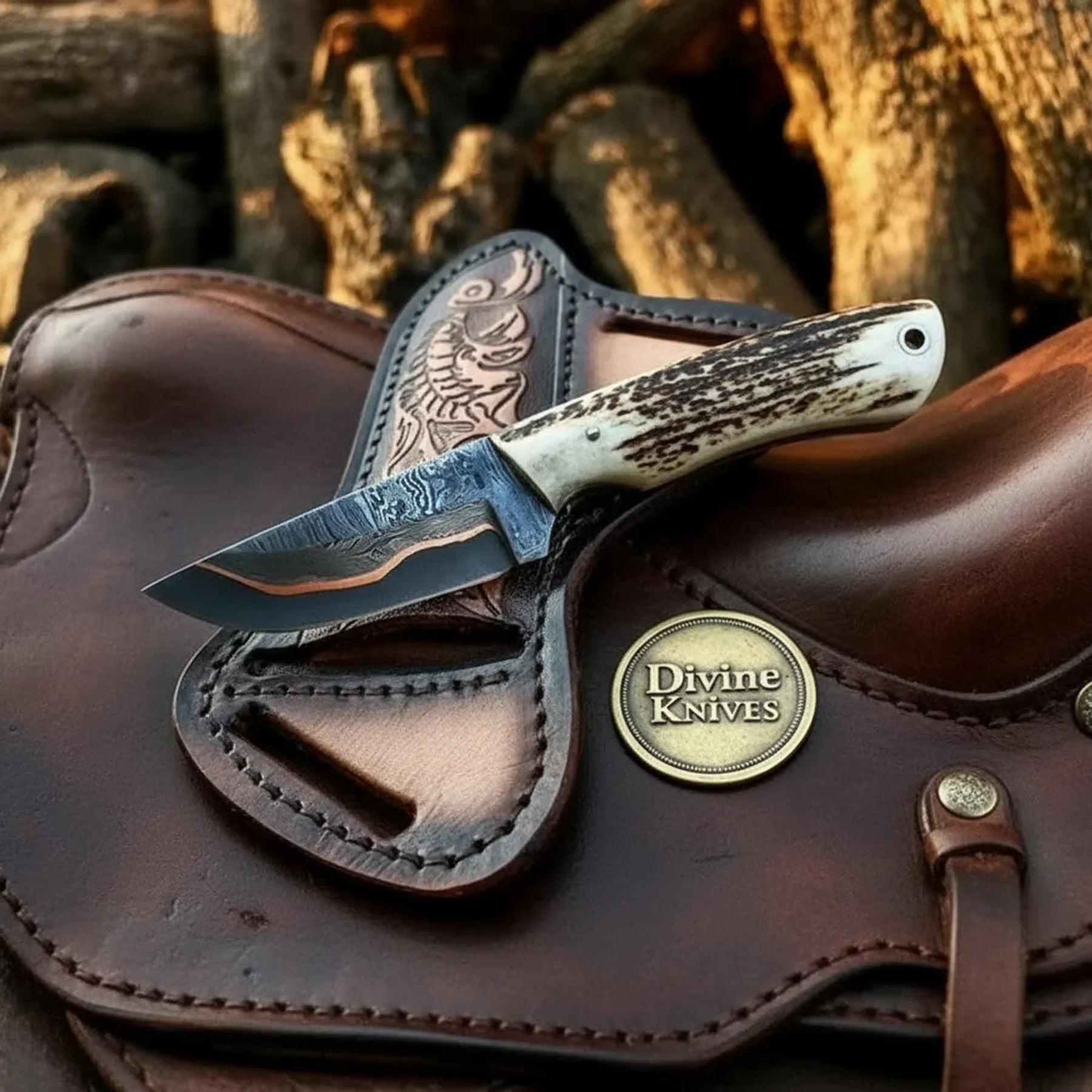 Copper Damascus Hunting Knife with Stag Horn Handle – Handcrafted Skinner & Outdoor Tool by Divine Knives