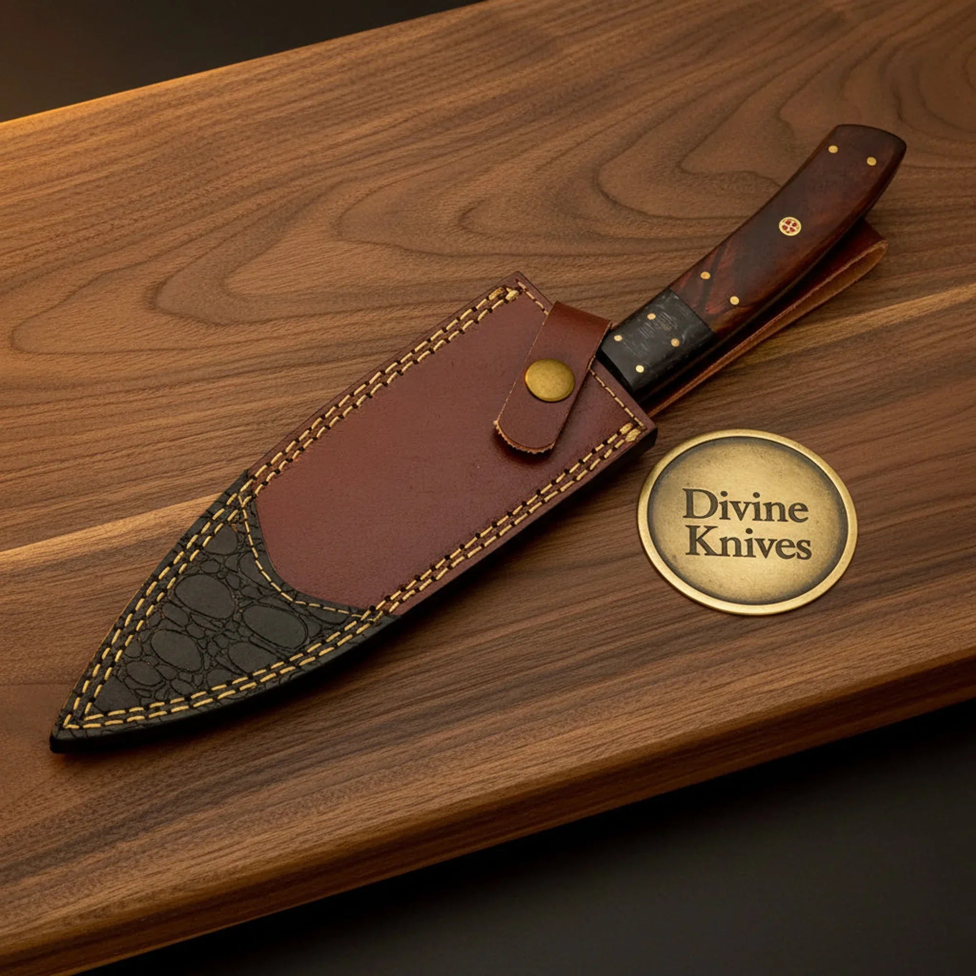 Classic Bowie Knife with Wood Handle & Leather Sheath – Handcrafted Outdoor Collector's Piece detail view by Divine Knives