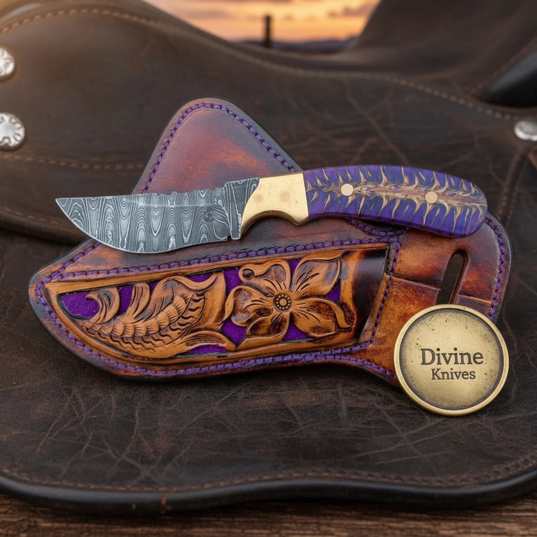 Engraved Stag Handle Dagger Knife with Wooden Display Box by Divine Knives