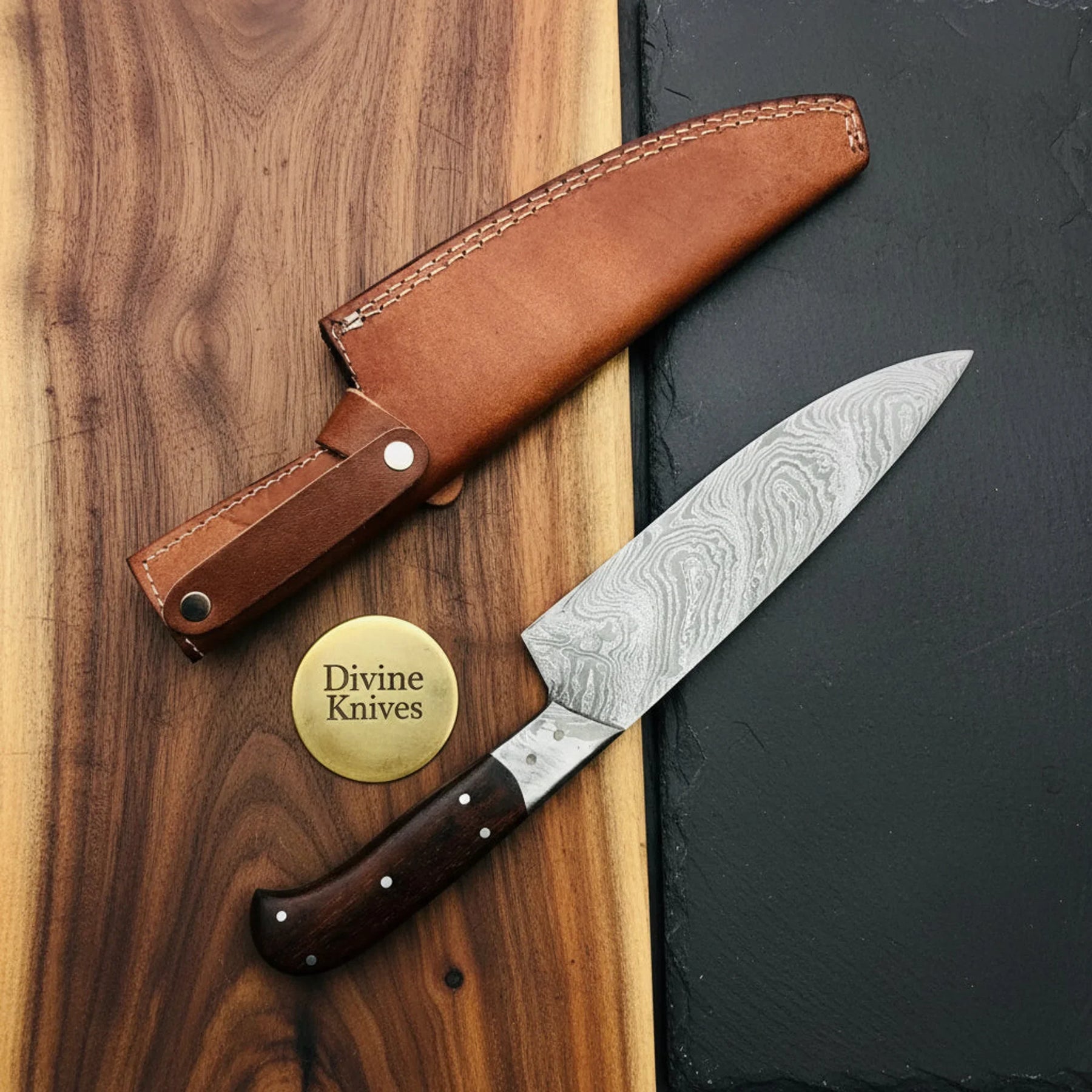 Damascus Chef Knife with Sheath & Wood Handle – Handcrafted Kitchen Knife for Daily Use by Divine Knives
