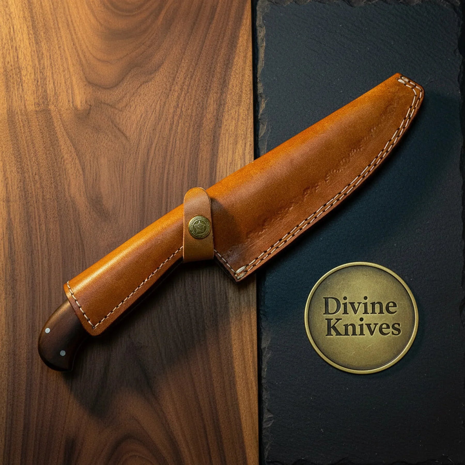 Damascus Chef Knife with Sheath & Wood Handle – Handcrafted Kitchen Knife for Daily Use detail view by Divine Knives