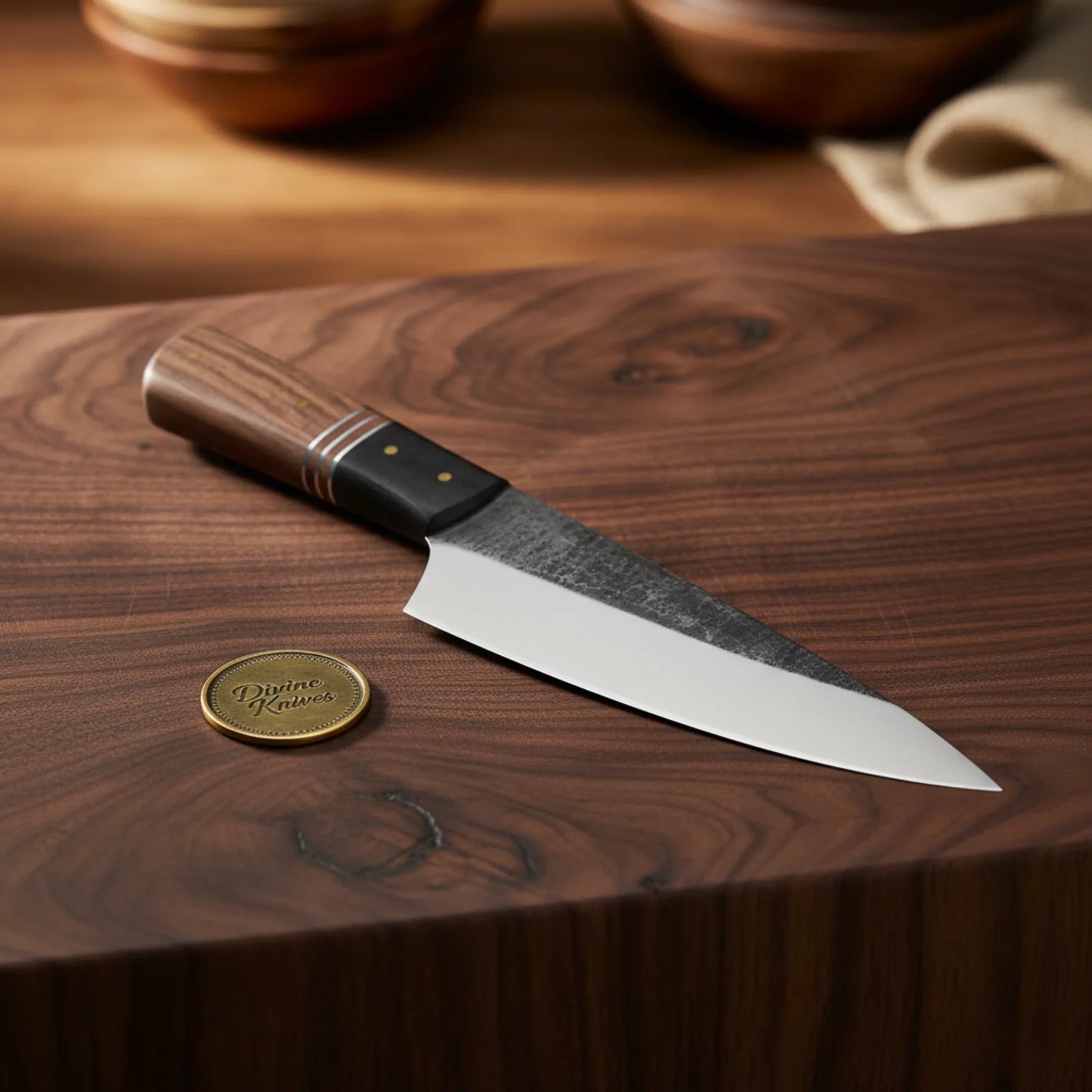 Damascus Chef Knife with Black Handle & Leather Sheath – Handcrafted Kitchen Knife with Gift Box by Divine Knives