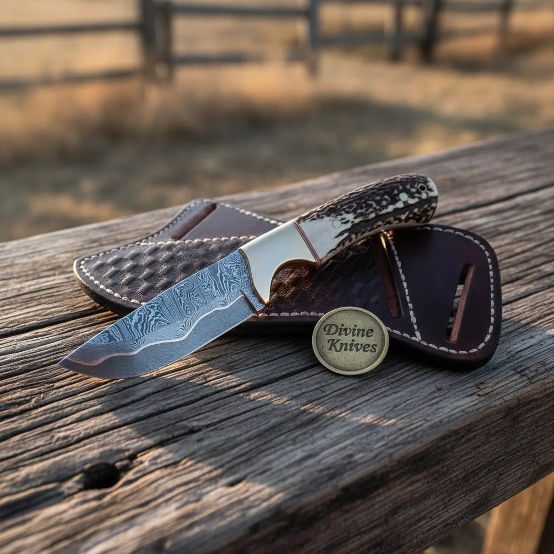 Carved Wood Handle Damascus Bowie Knife with Brass Guard by Divine Knives