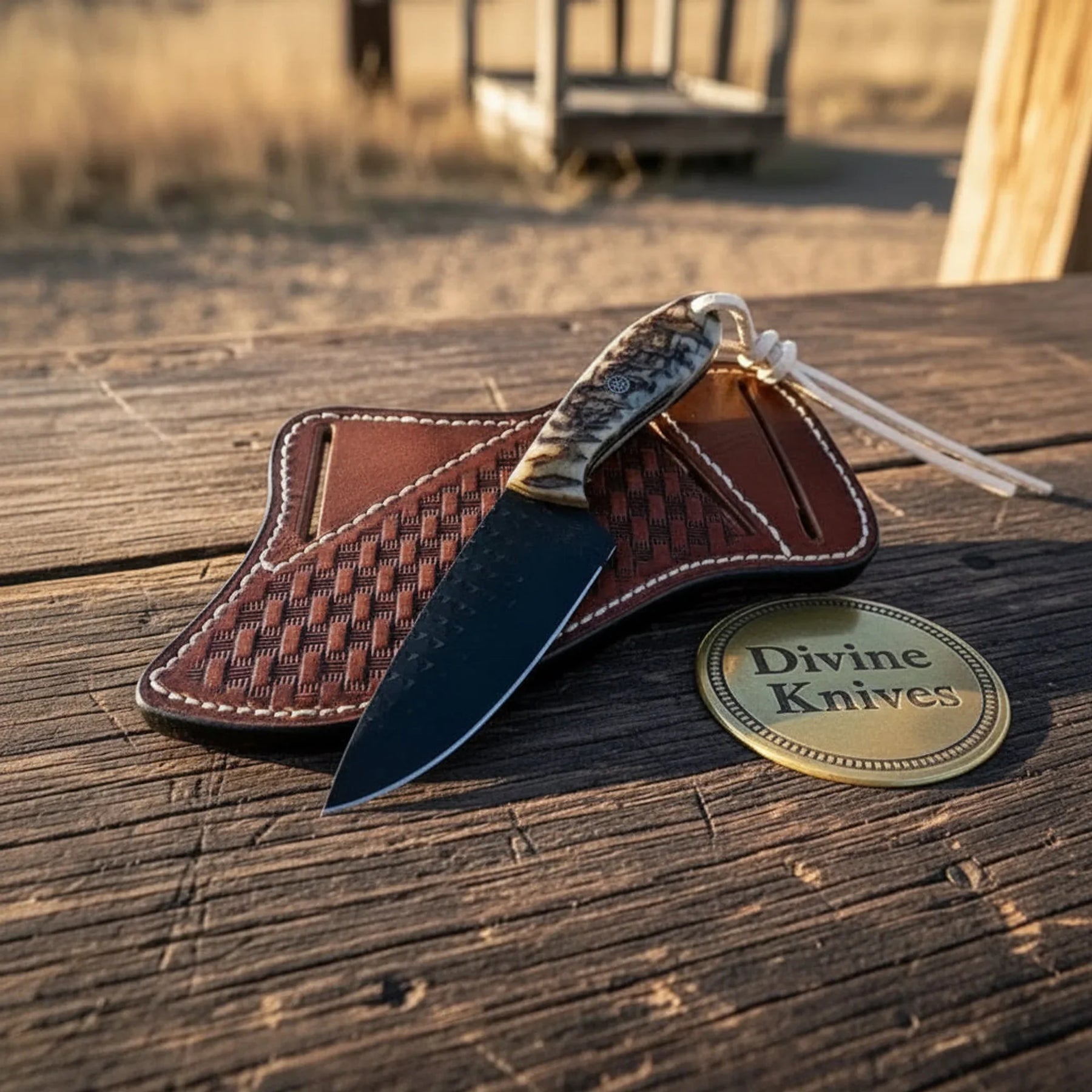 Ram Horn Cowboy Knife with Black-Coated Rasp Steel Blade – Rugged Outdoor Tool by Divine Knives